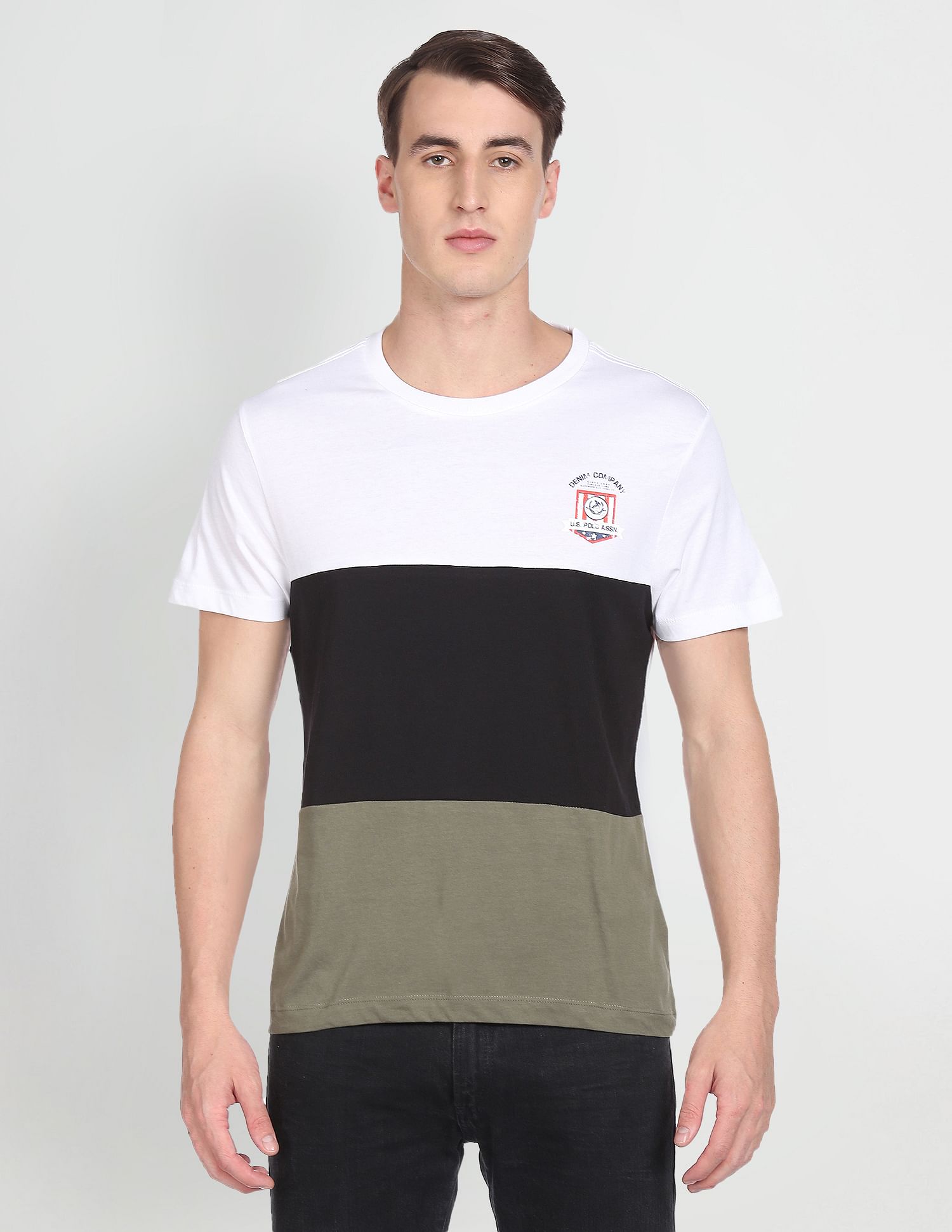 Colour Block Cotton T-Shirt White, Grey and Black - U.S. Polo Assn. India | Large
