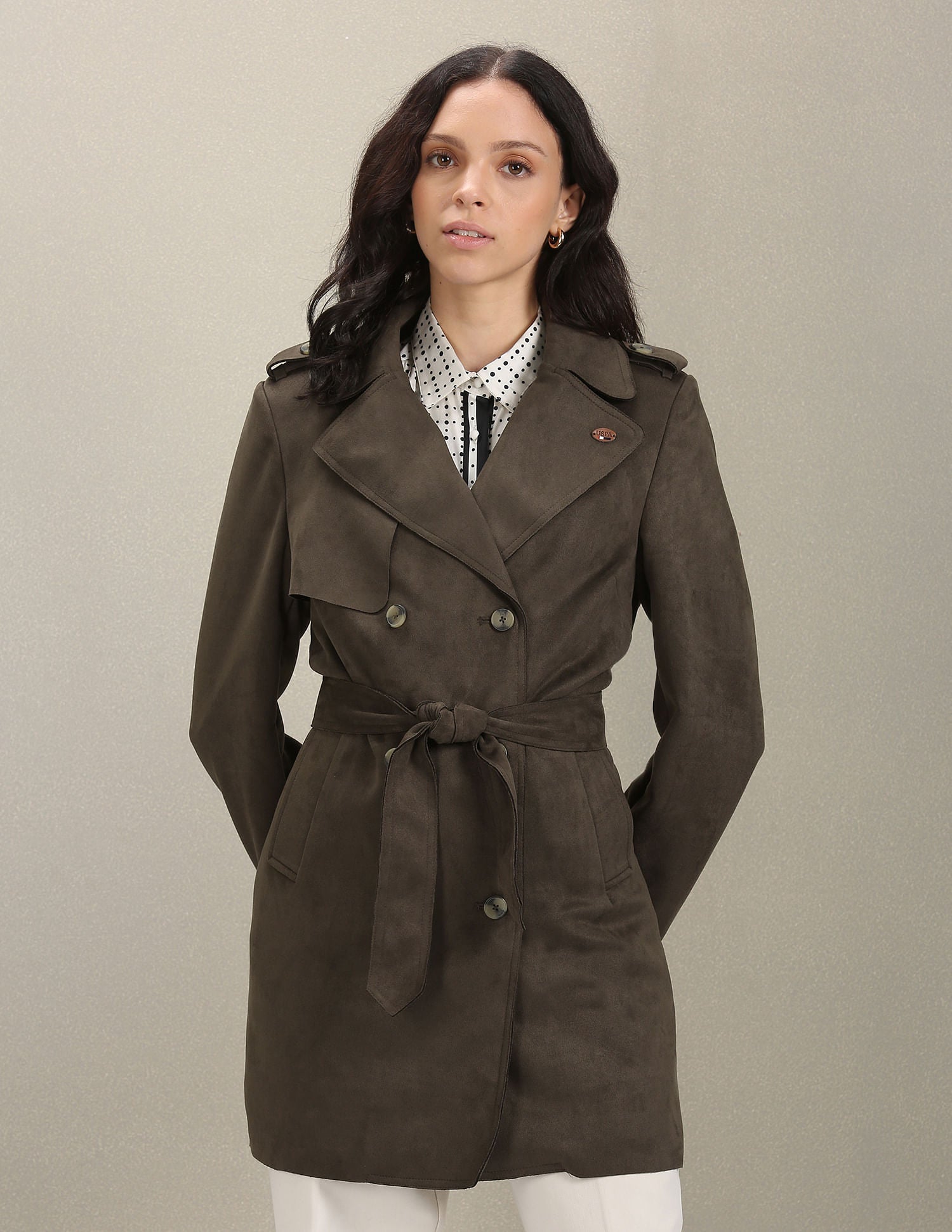 Double Breasted Solid Trench Coat Olive - U.S. POLO ASSN. | Large