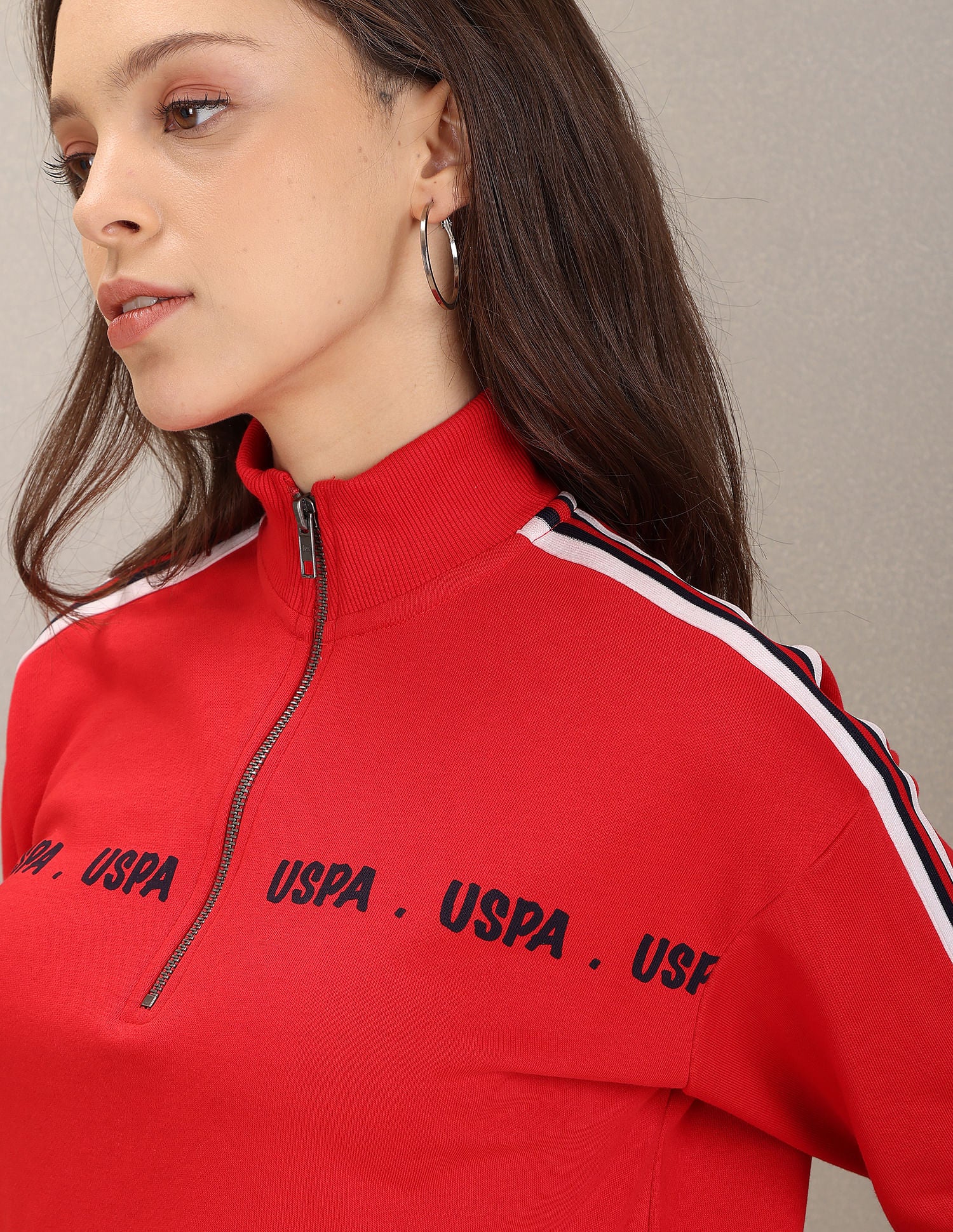 High Neck Striped Sleeve Brand Print Sweatshirt Red - U.S. Polo Assn. India | Large