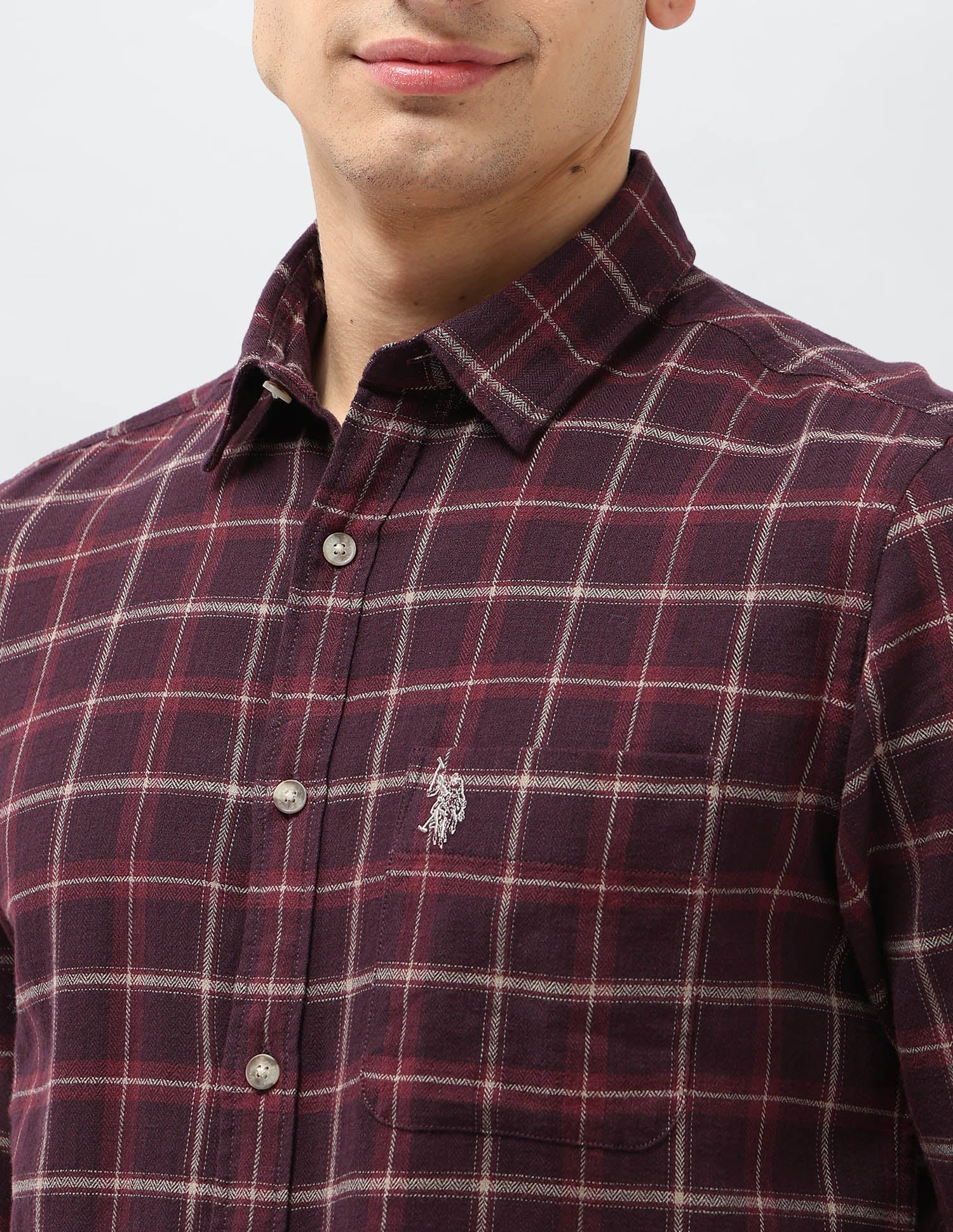 Grid Tattersall Checked Herringbone Shirt Wine - U.S. POLO ASSN. | Large