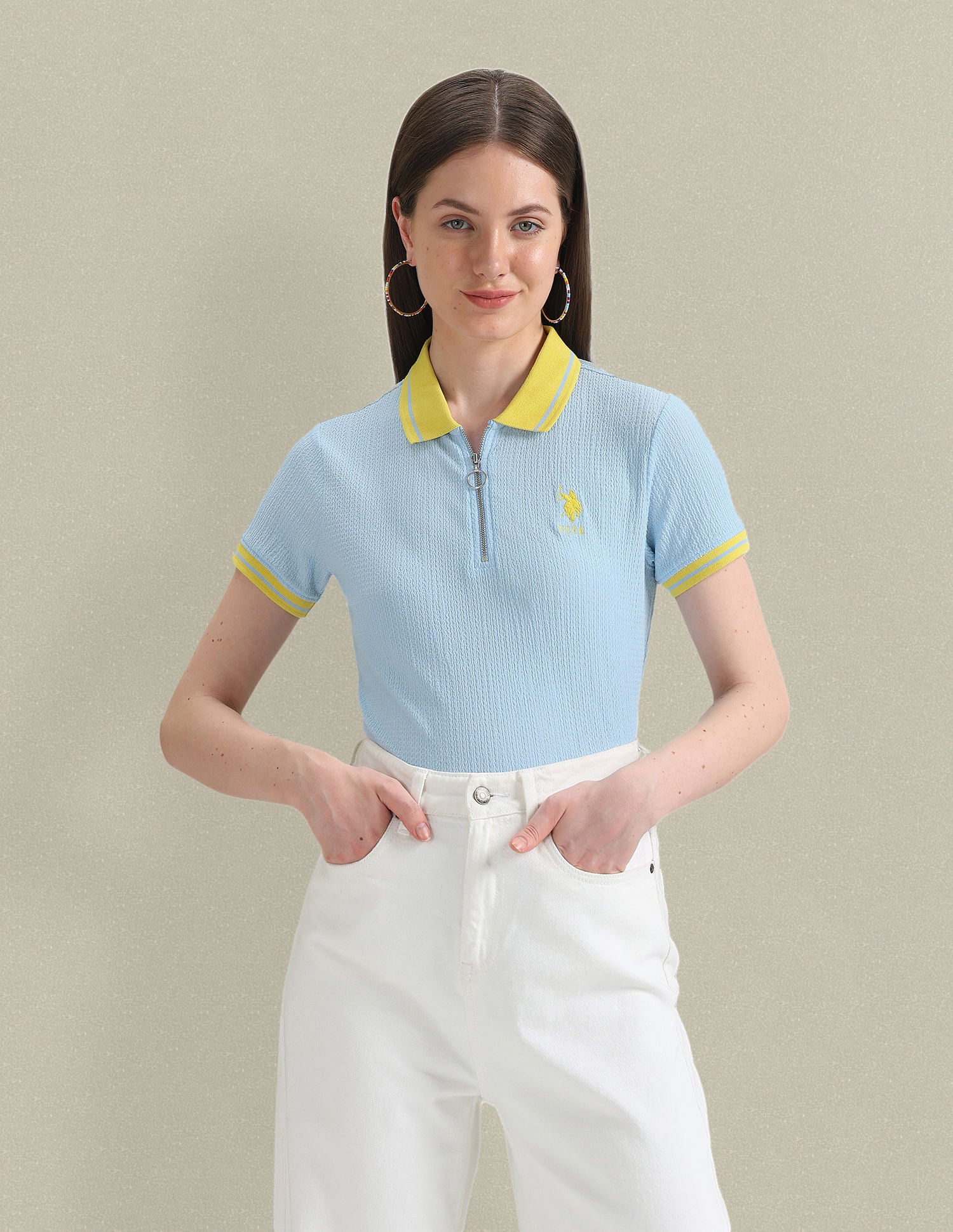 Zipper Placket Textured Polo Shirt Light Blue - U.S. POLO ASSN. | Large