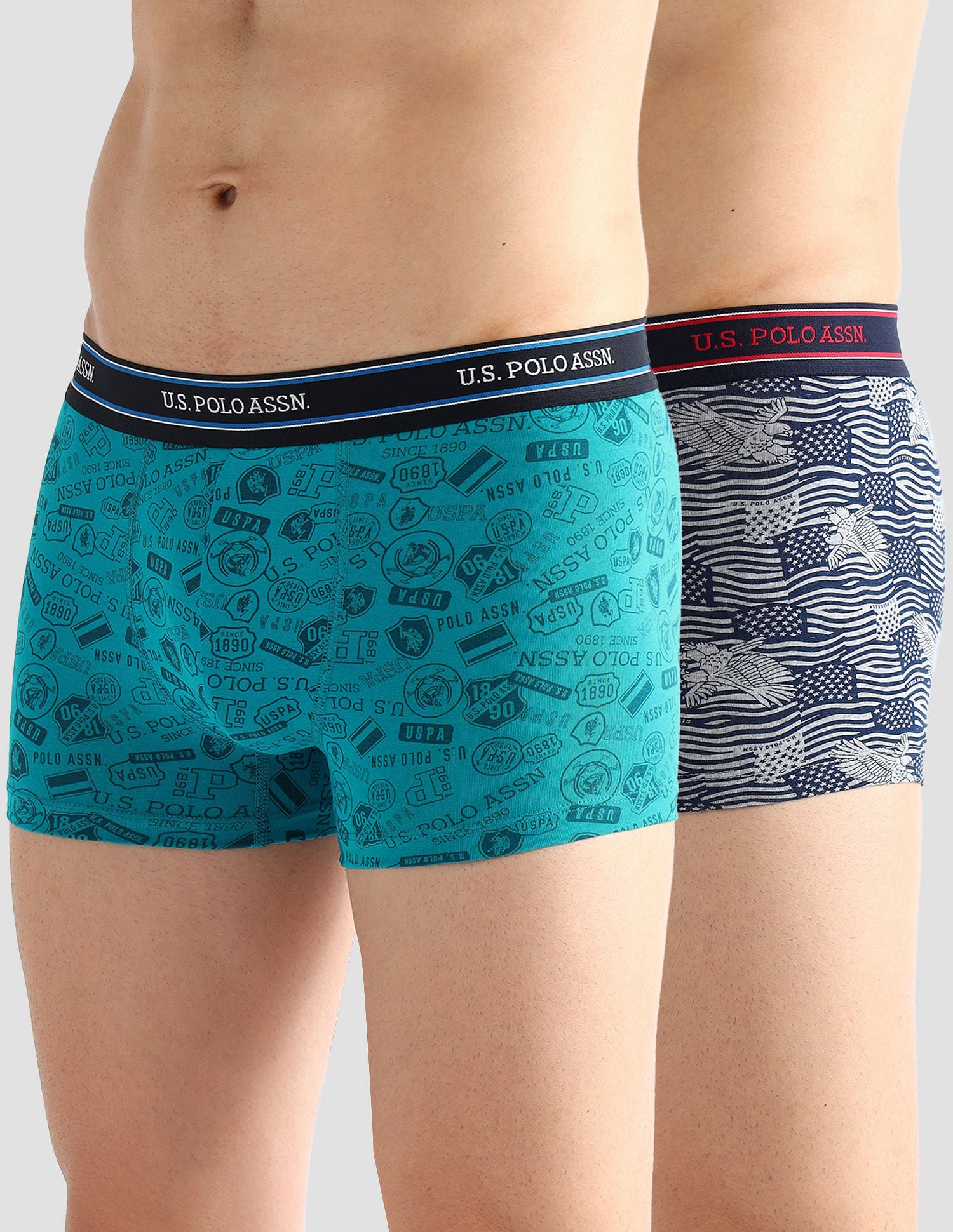 Elasticized Waist Printed I616 Trunks - Pack Of 2 Tile Blue and Grey Melange - U.S. POLO ASSN. | Large