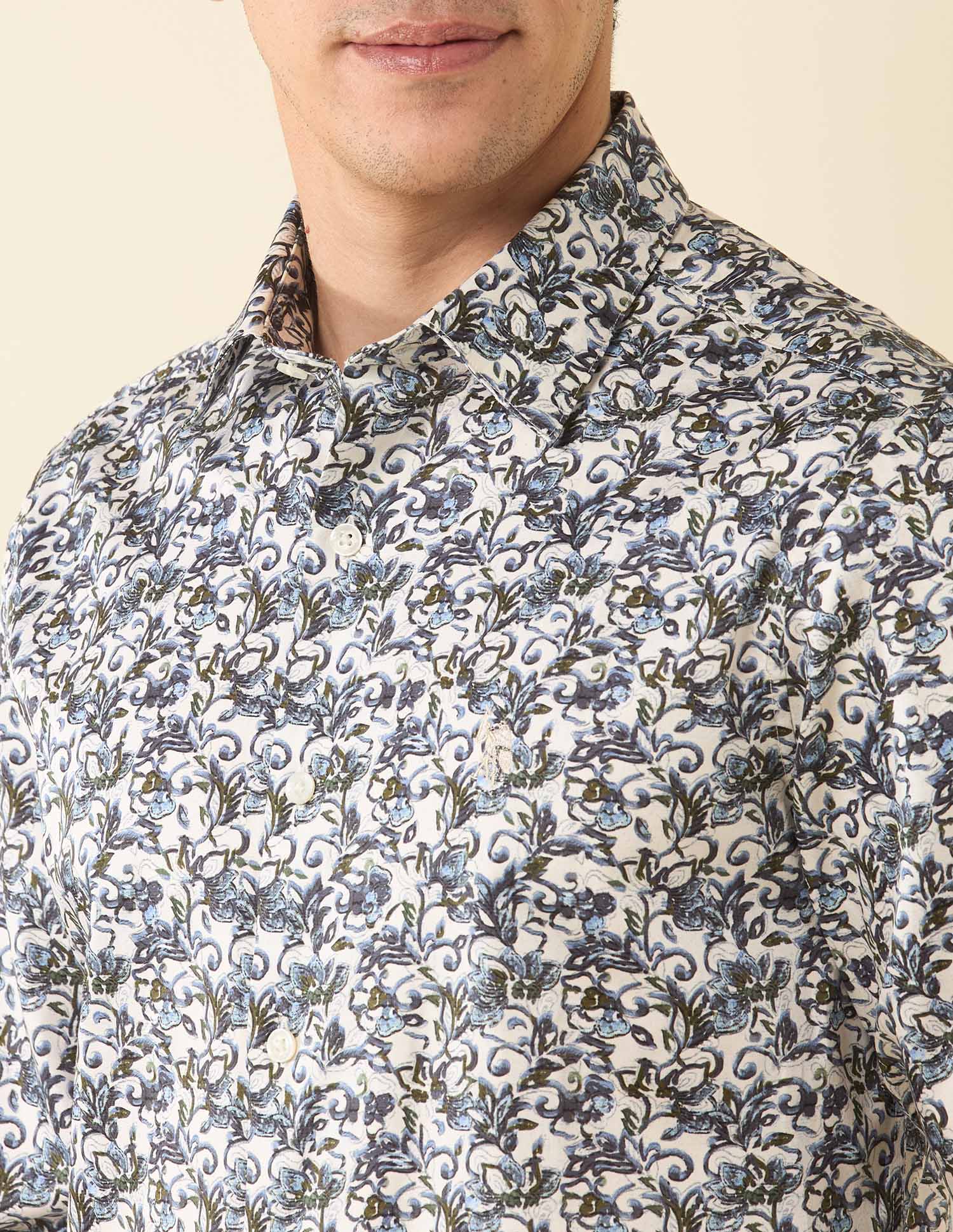 Floral Printed Satin Shirt Ivory - U.S. Polo Assn. India | Large