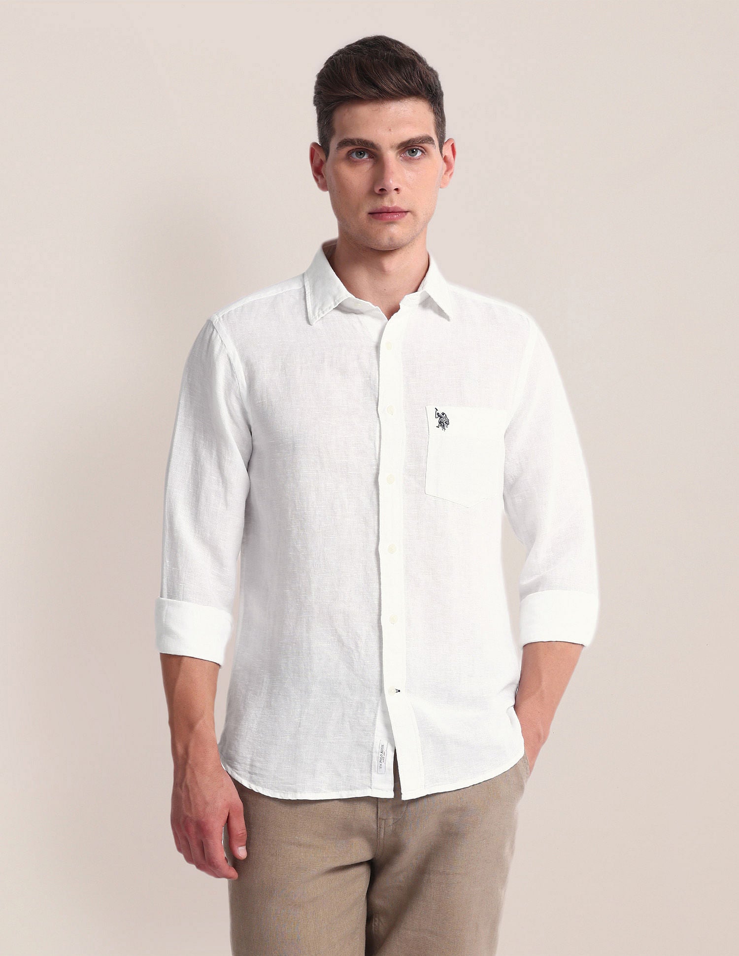 Tailored Fit Linen Blend Shirt White - U.S. Polo Assn. India | Large