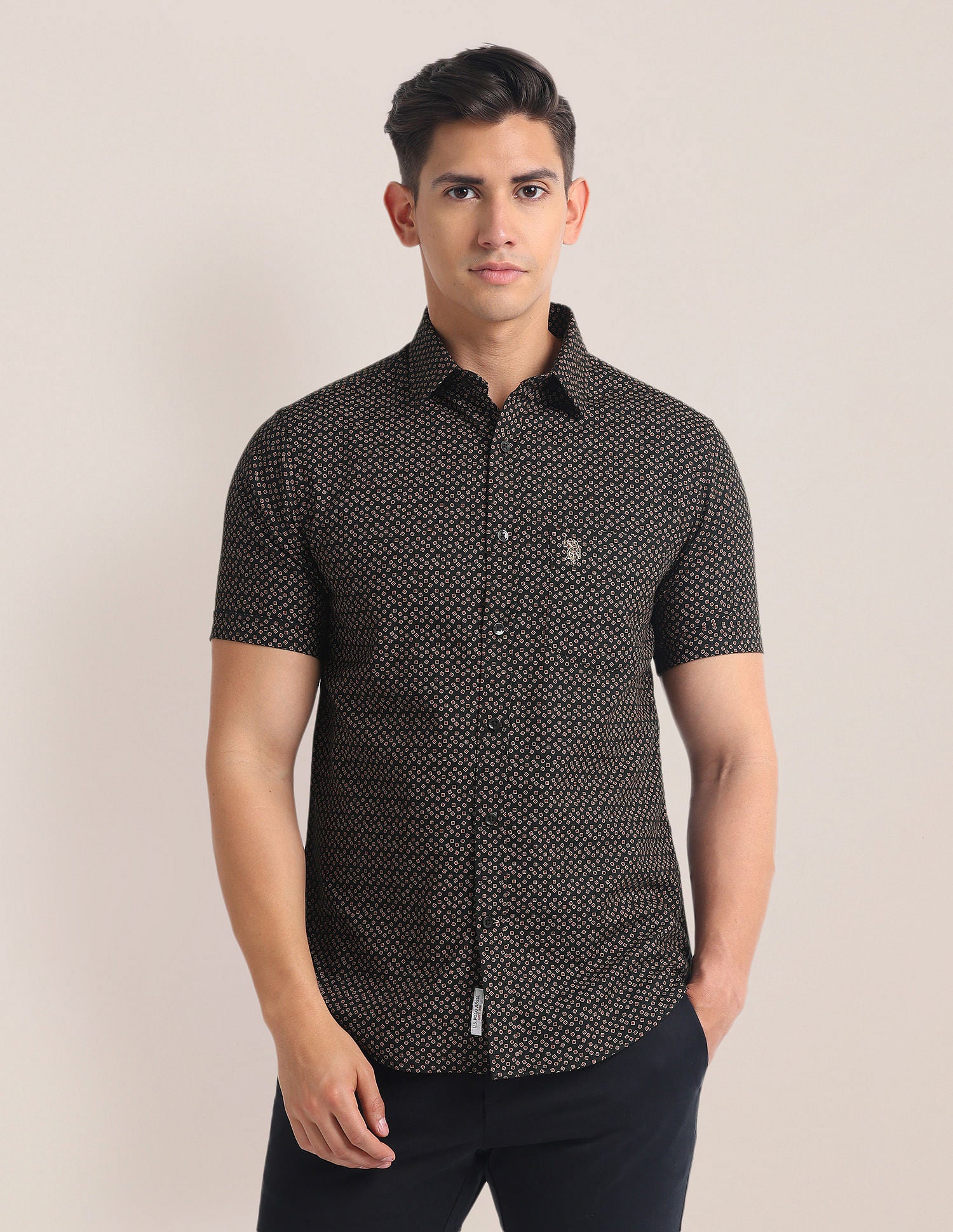 Geometric Print Tailored Fit Shirt Black - U.S. Polo Assn. India | Large