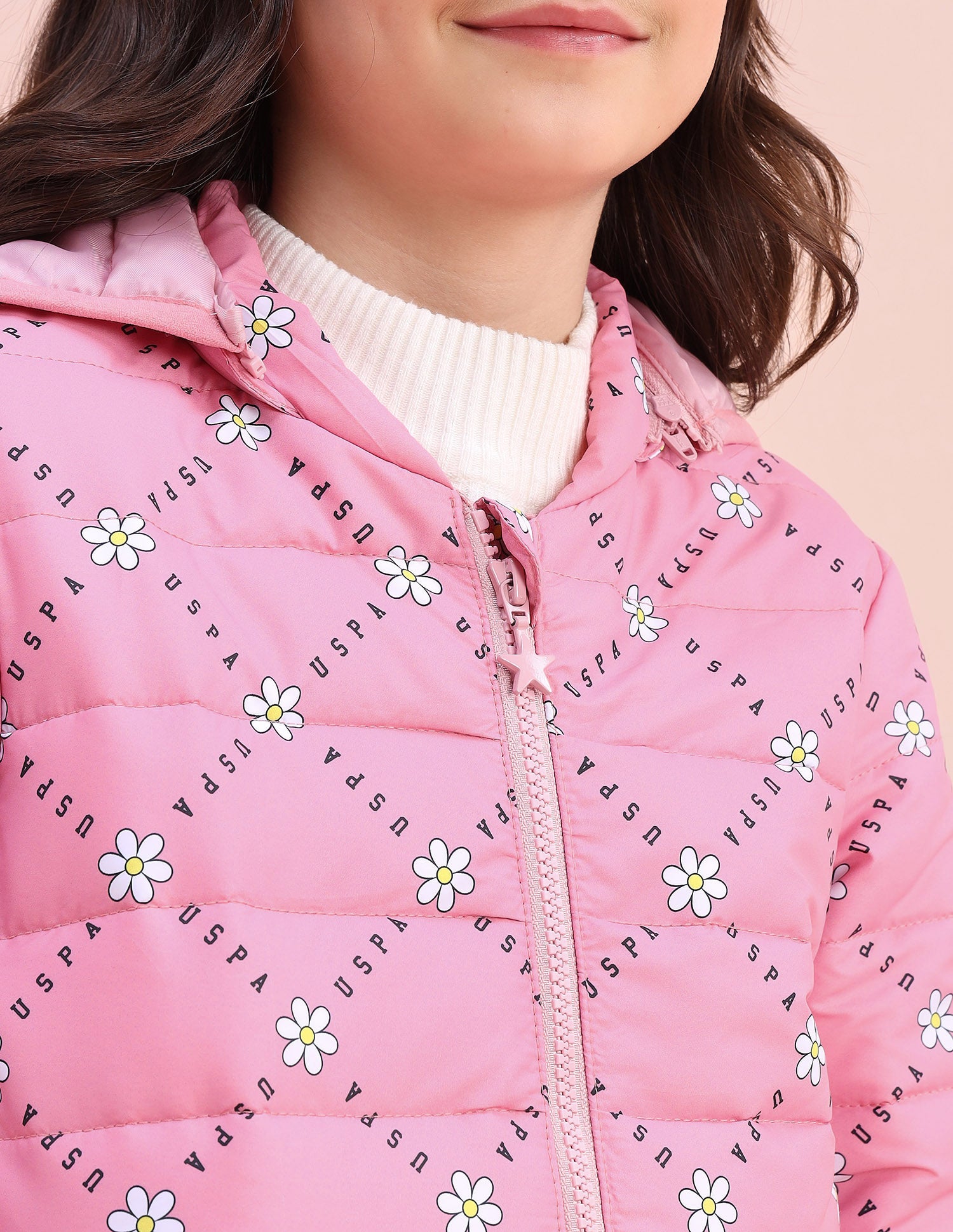 Floral Logo Printed Puffer Jacket Pink - U.S. POLO ASSN. | Large