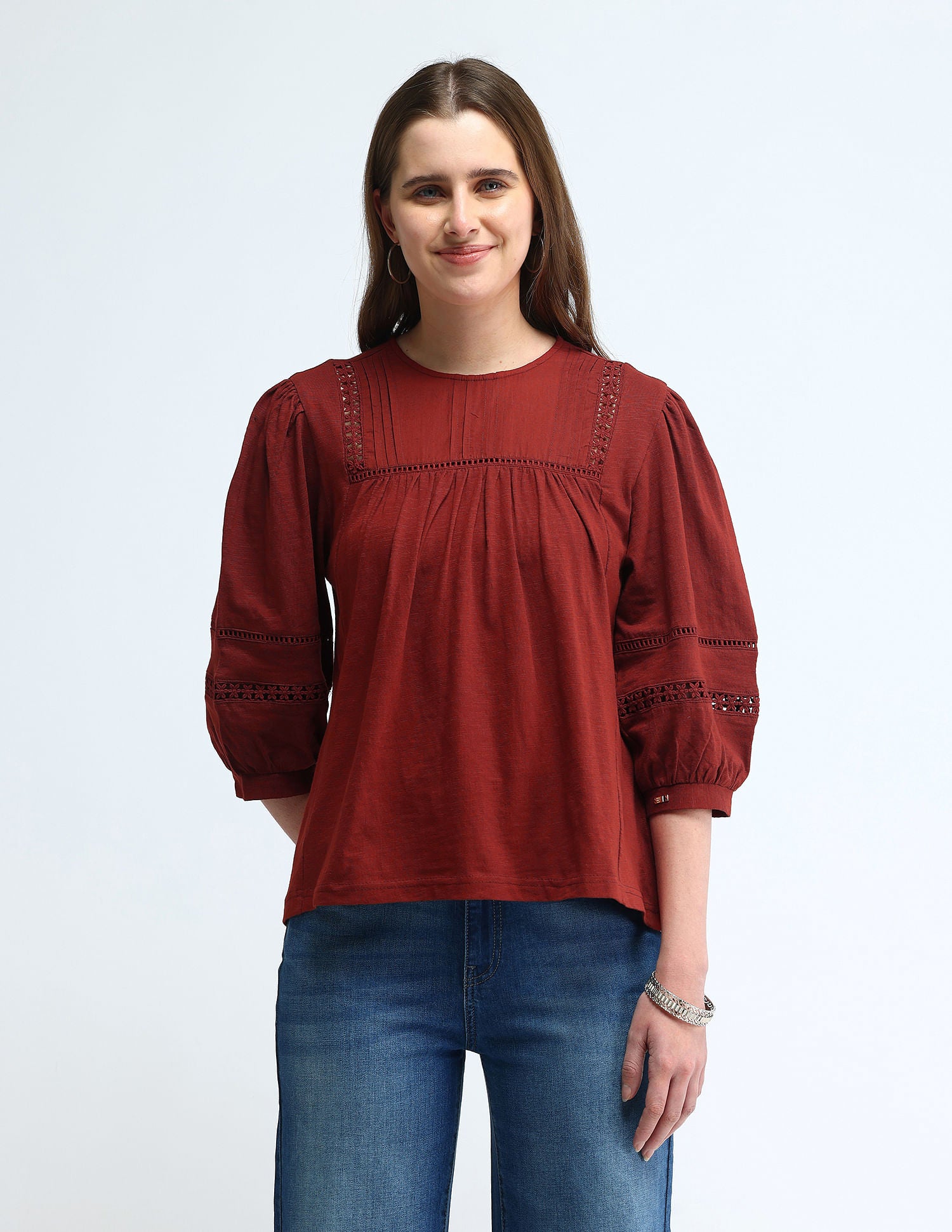 Lace Detailed Cotton Top Rust - U.S. POLO ASSN. | Large