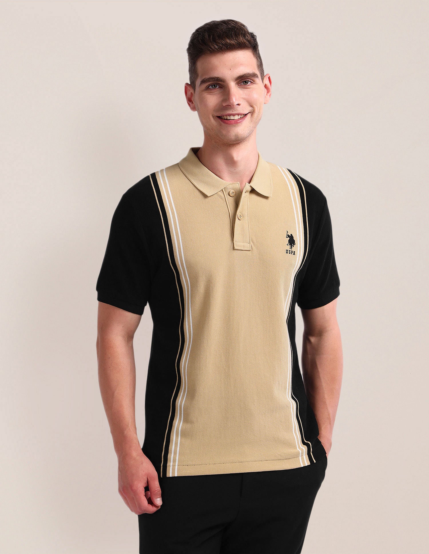 Colour Block Pique Polo Shirt Beige and Black - U.S. Polo Assn. India | Large