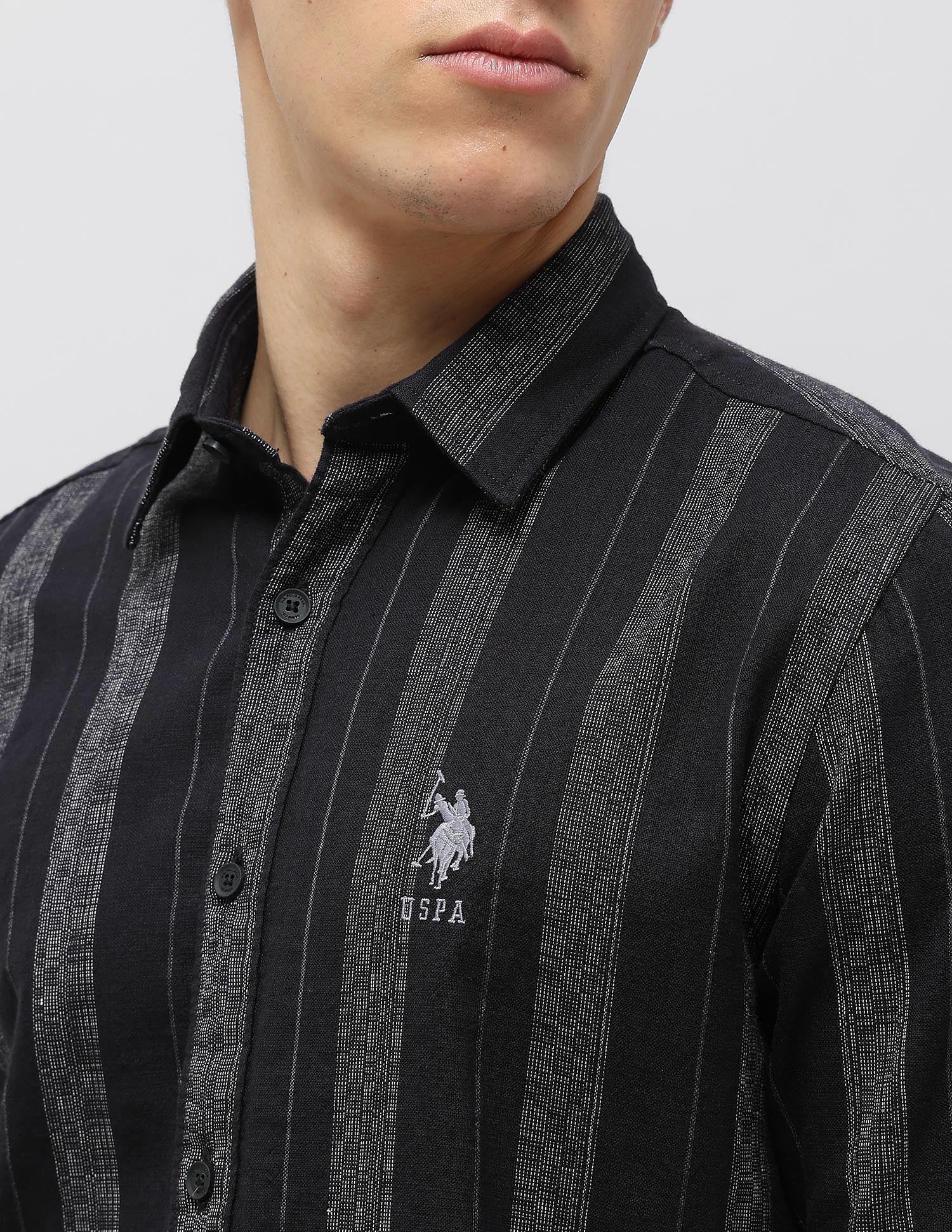 Vertical Striped Self Design Dobby Shirt Dark Navy - U.S. Polo Assn. India | Large