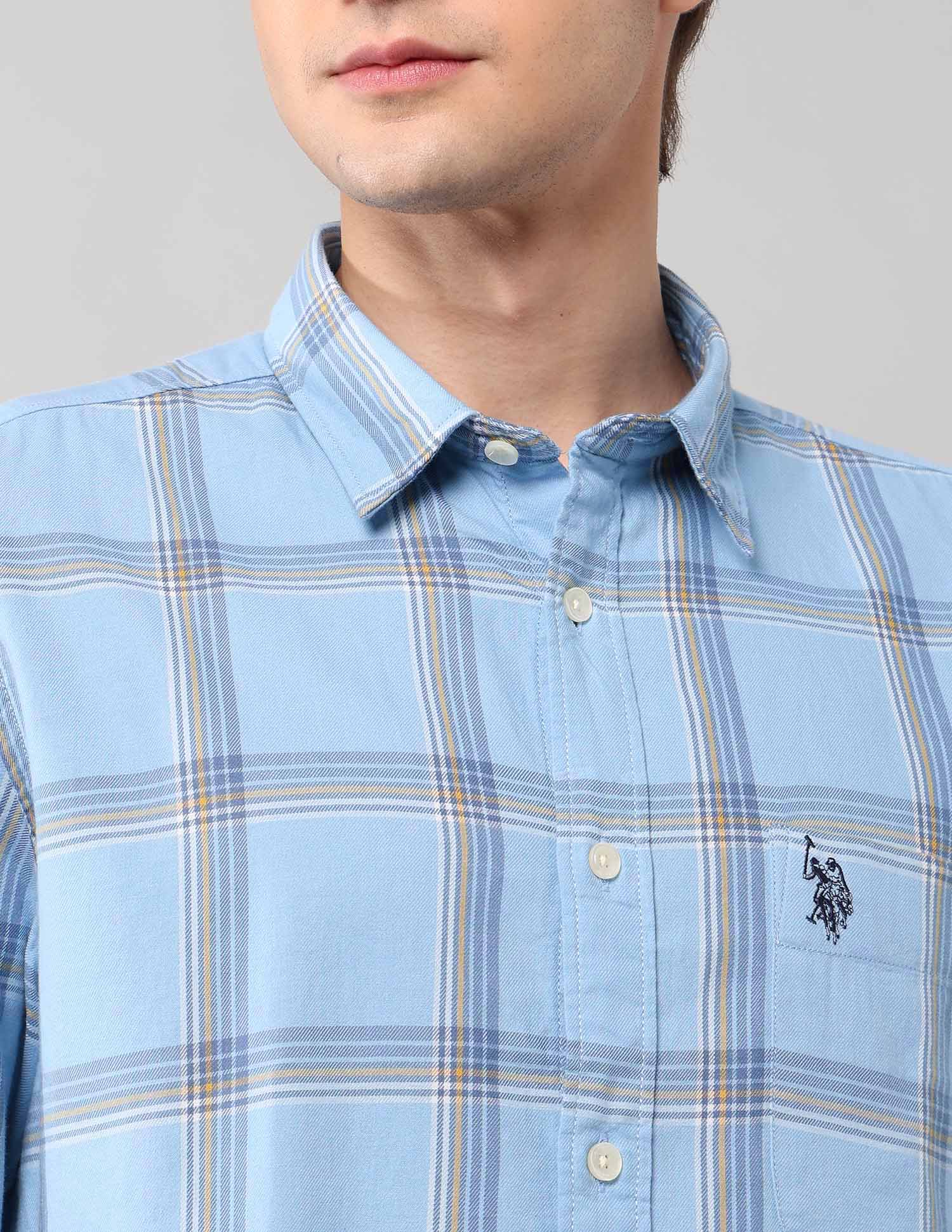 Grid Tattersall Checked Pure Cotton Shirt Light Blue - U.S. POLO ASSN. | Large