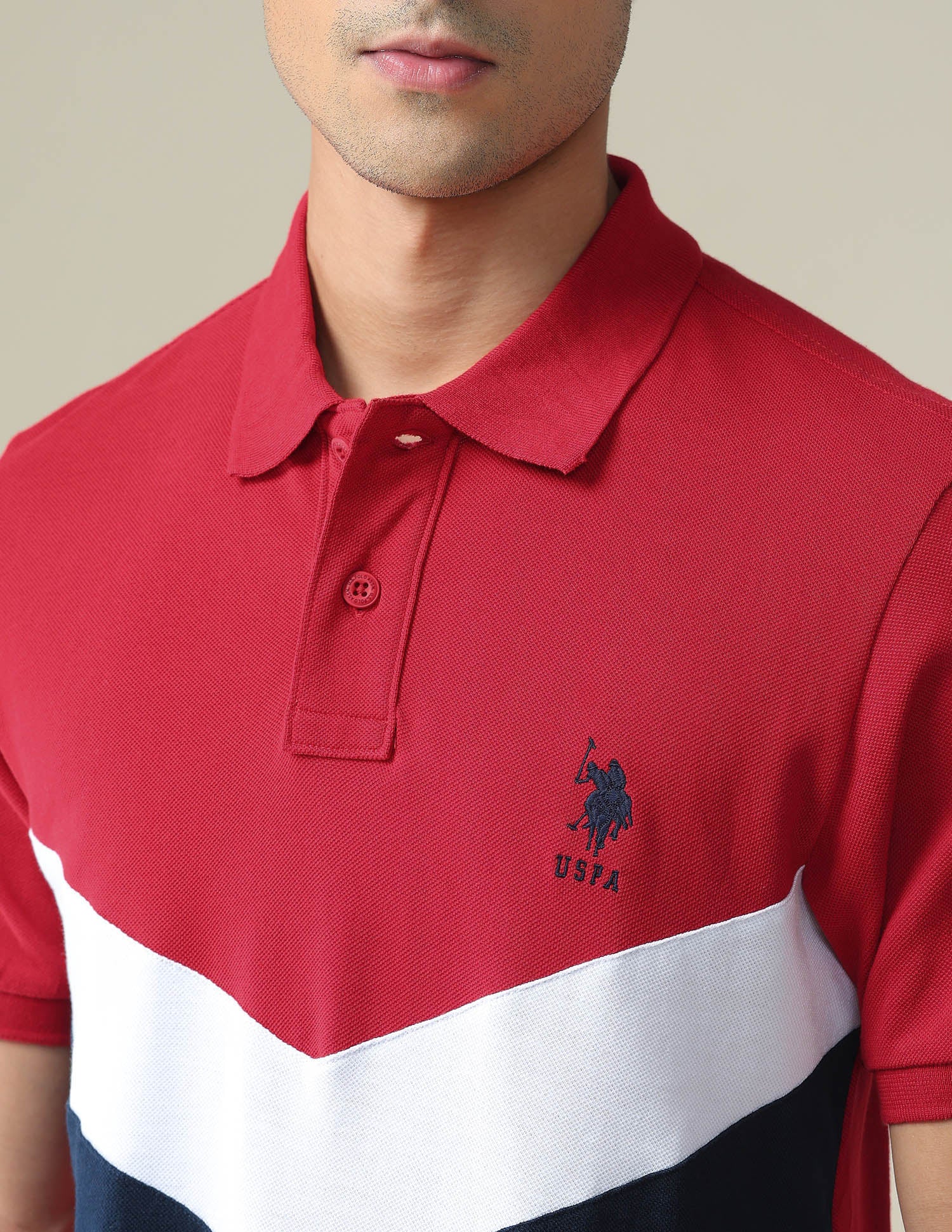 Ribbed Collar Colour Block Polo Shirt Red and Navy - U.S. Polo Assn. India | Large