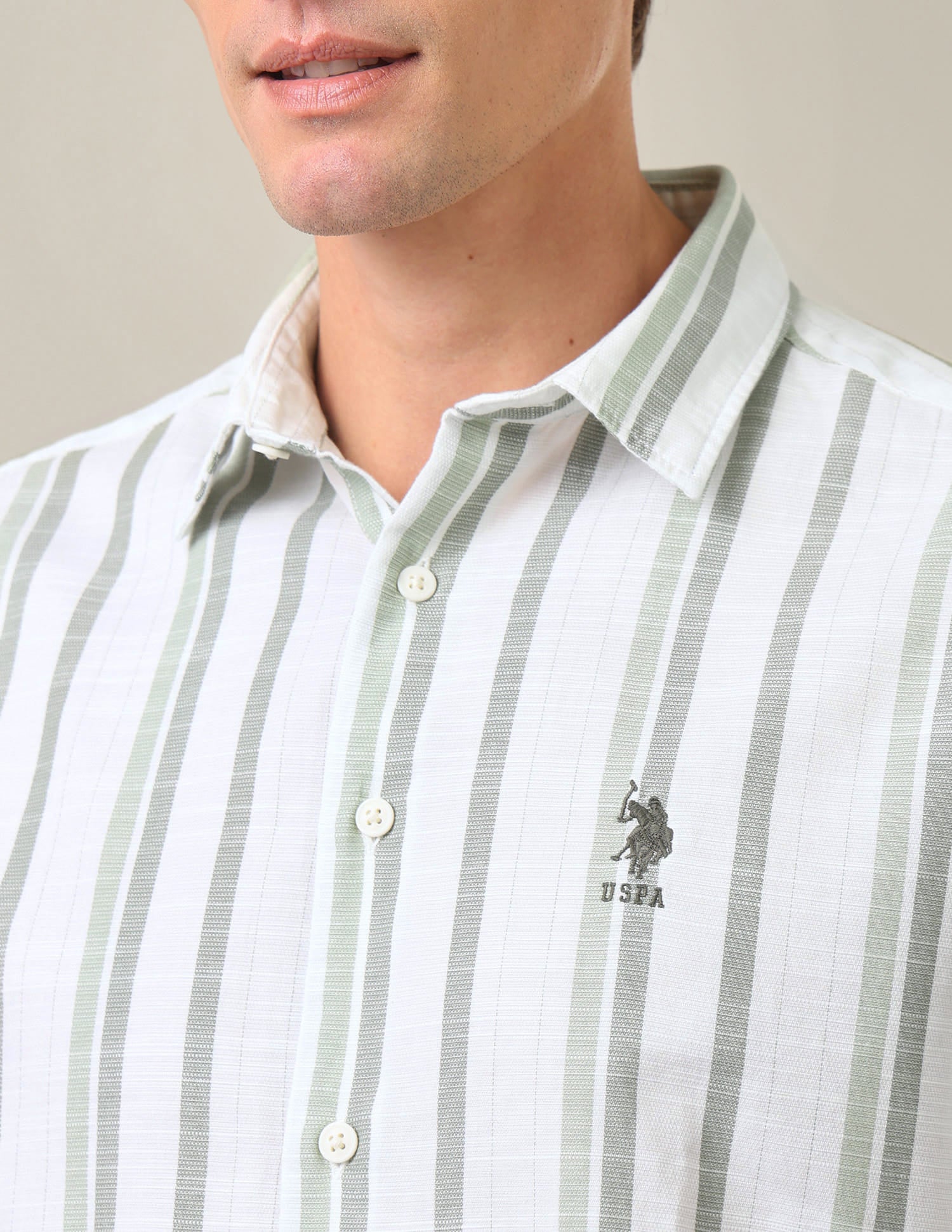 Vertical Striped Regular Fit Shirt Olive Green - U.S. Polo Assn. India | Large