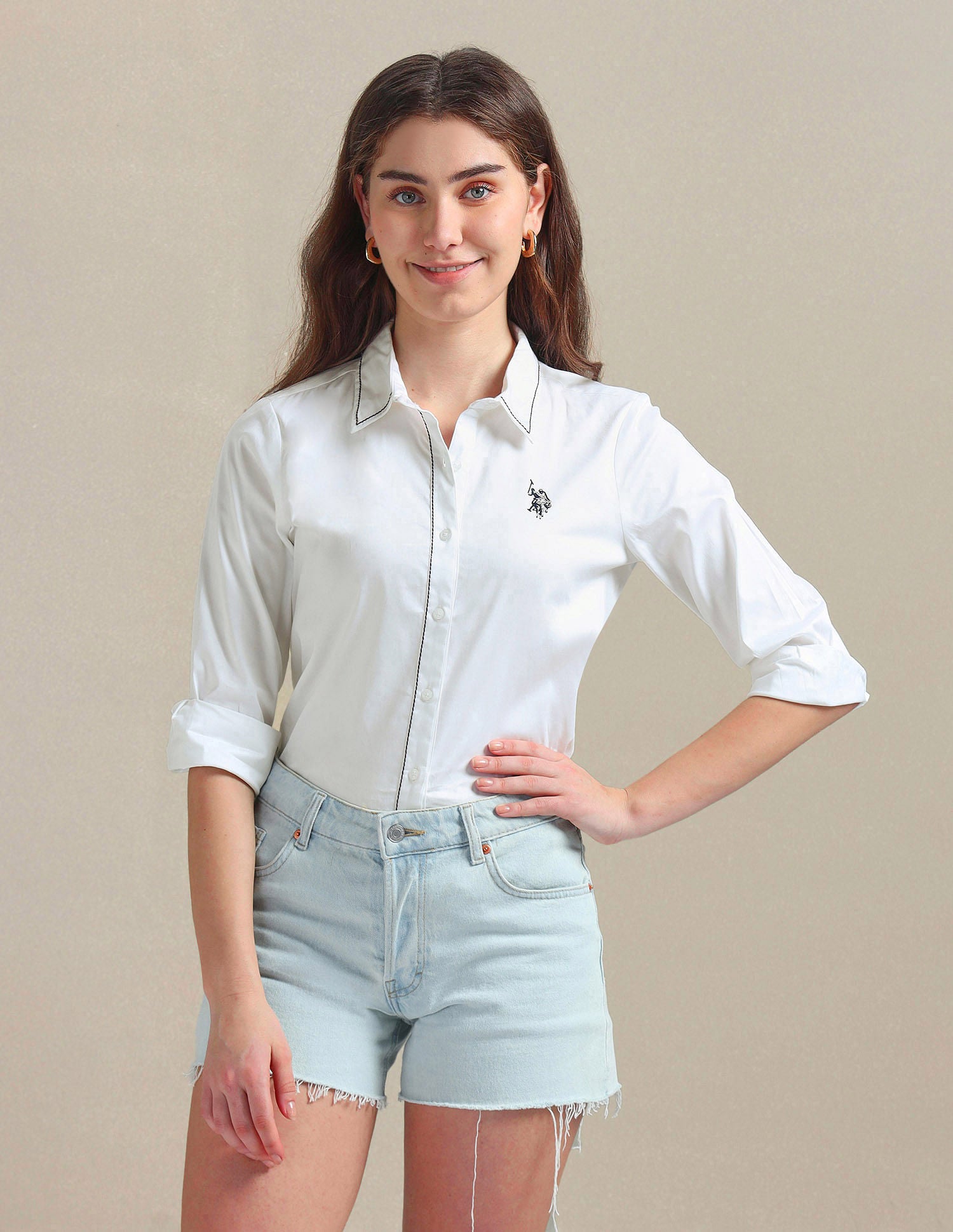 Contrast Saddle Stitch Cotton Shirt White - U.S. POLO ASSN. | Large