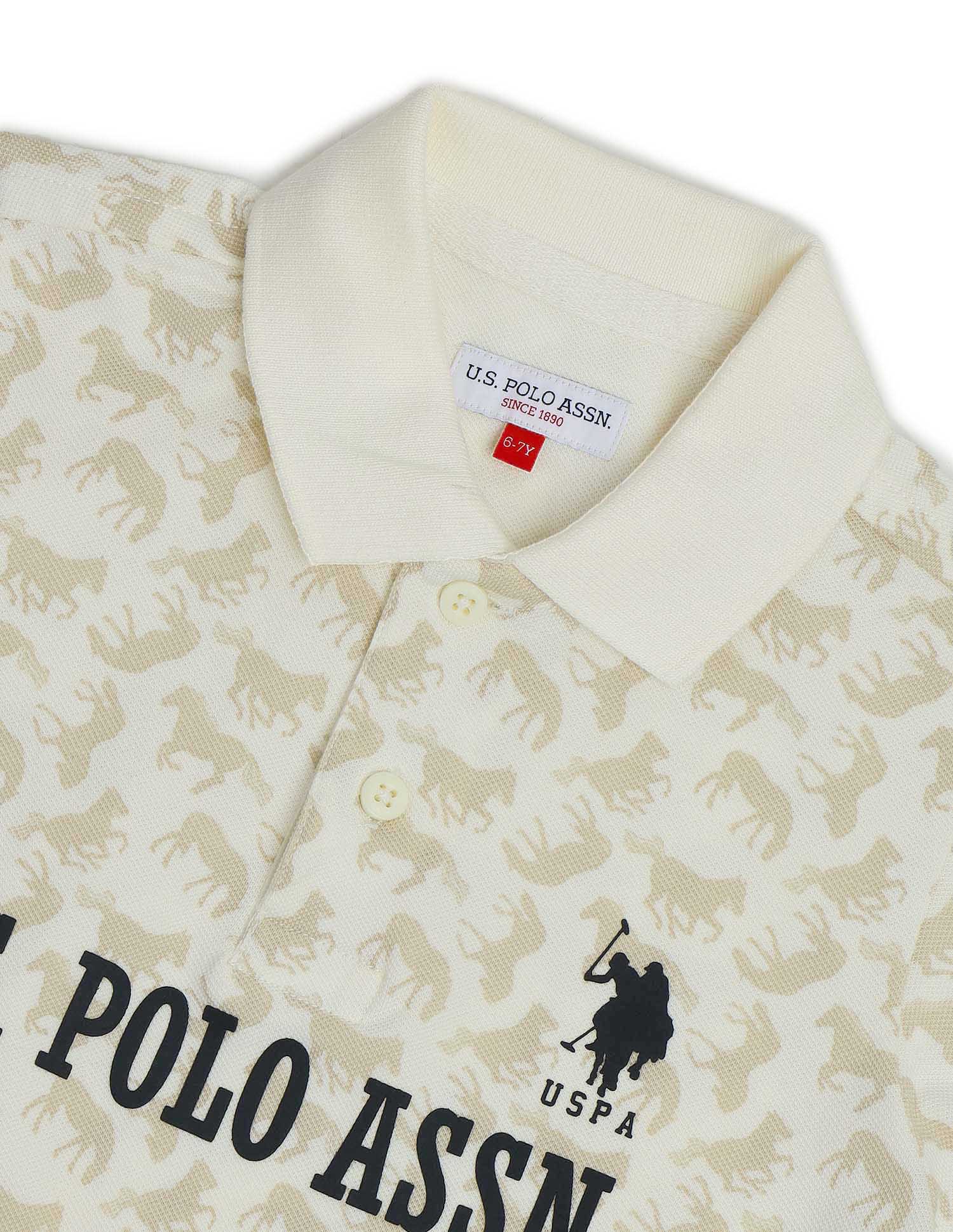 Boys All Over Printed Regular Fit Polo Shirt Off White - U.S. POLO ASSN. | Large