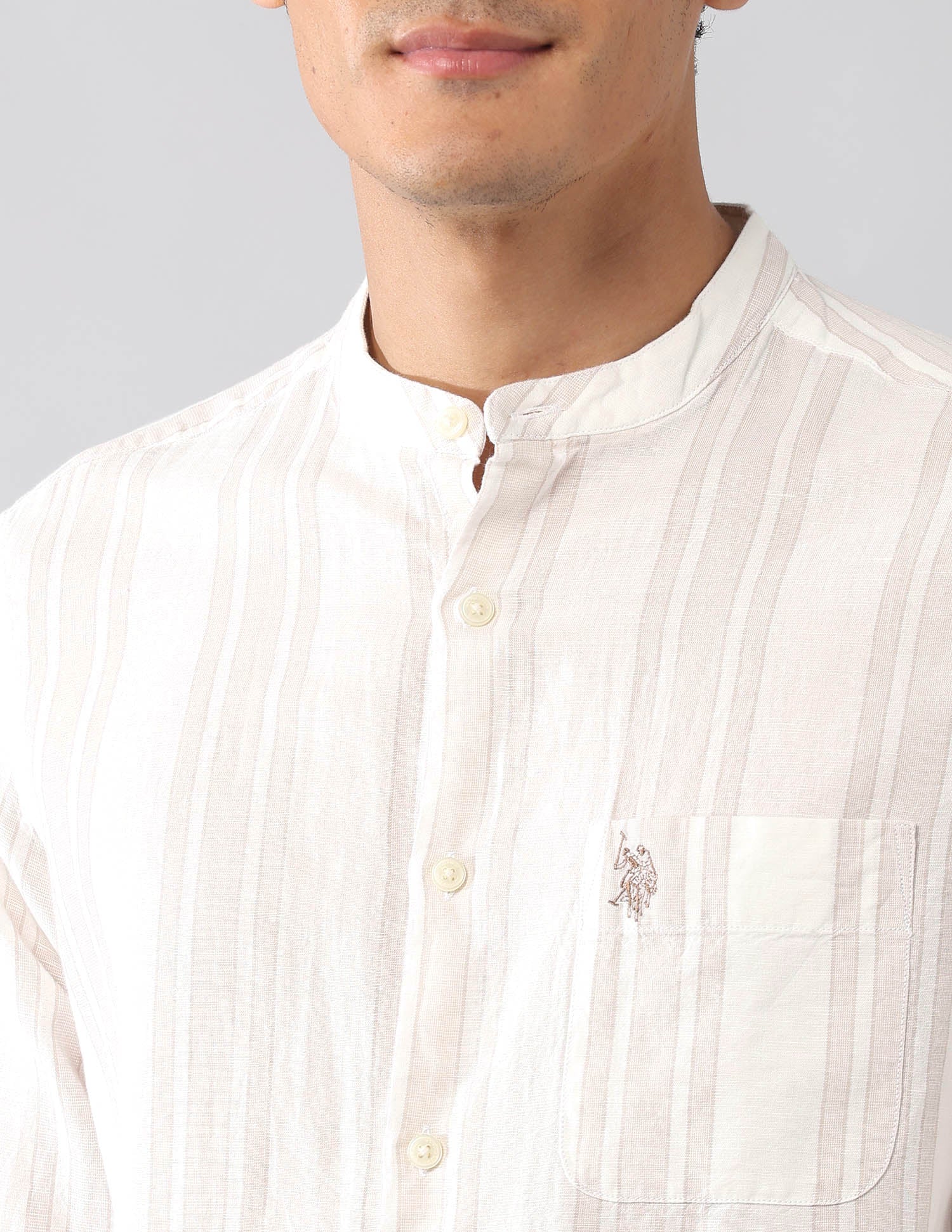 Vertical Striped Poplin Regular Fit Shirt Ecru - U.S. Polo Assn. India | Large