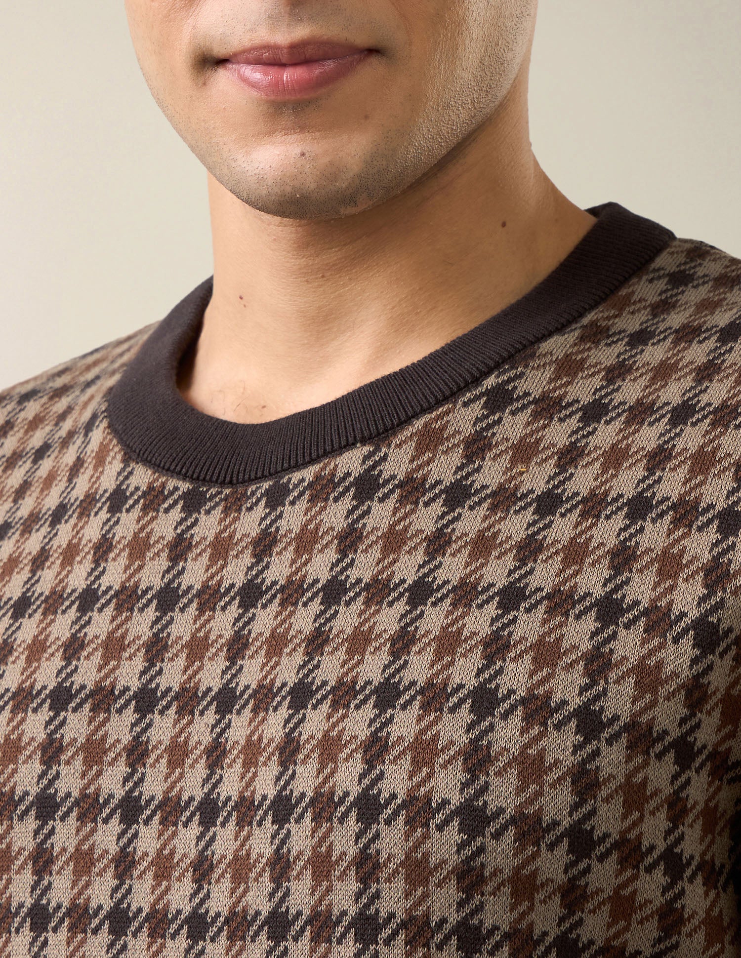 Houndstooth Patterned Knit Slim Fit Sweater Light Brown - U.S. Polo Assn. India | Large