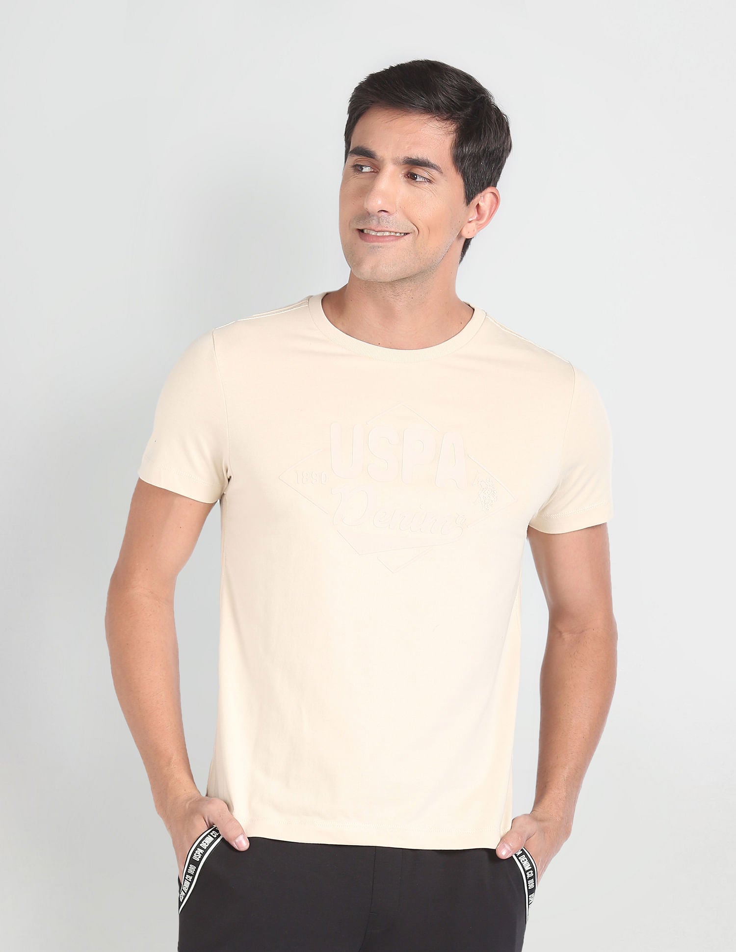 Tonal Brand Print Muscle Fit T-Shirt Beige - U.S. Polo Assn. India | Large