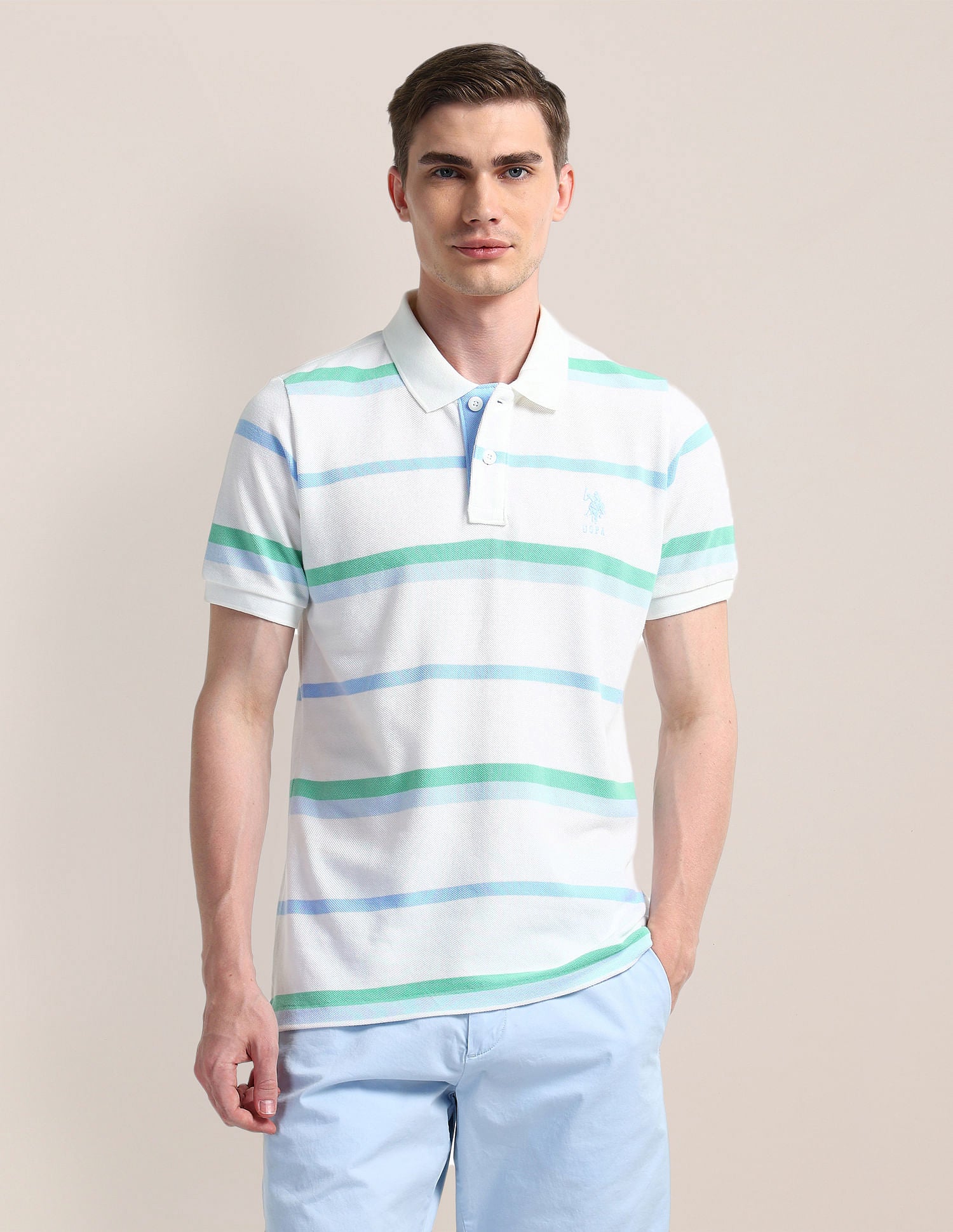 Horizontal Stripe Slim Fit Polo Shirt White - U.S. Polo Assn. India | Large