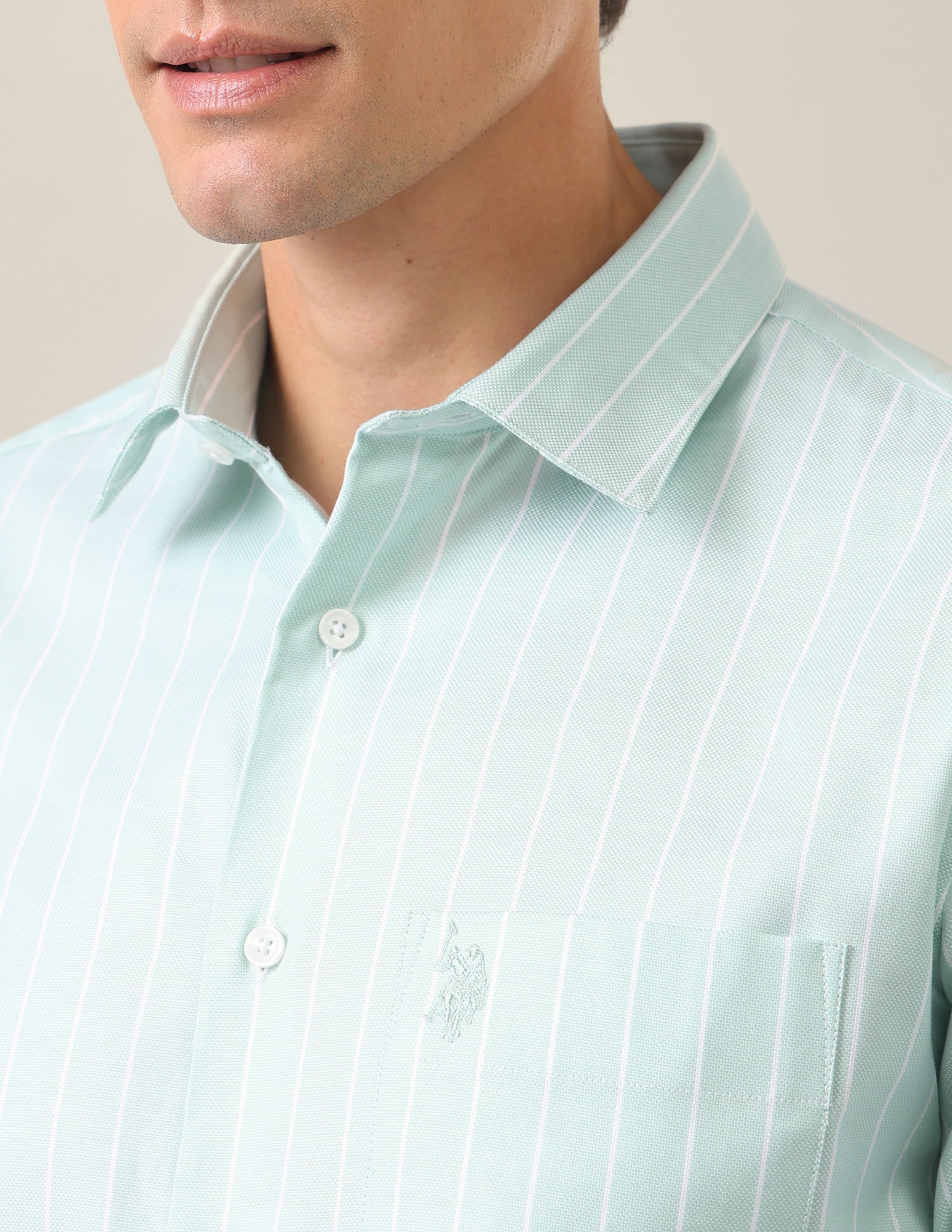 Vertical Striped Tailored Fit Shirt Light Green - U.S. Polo Assn. India | Large
