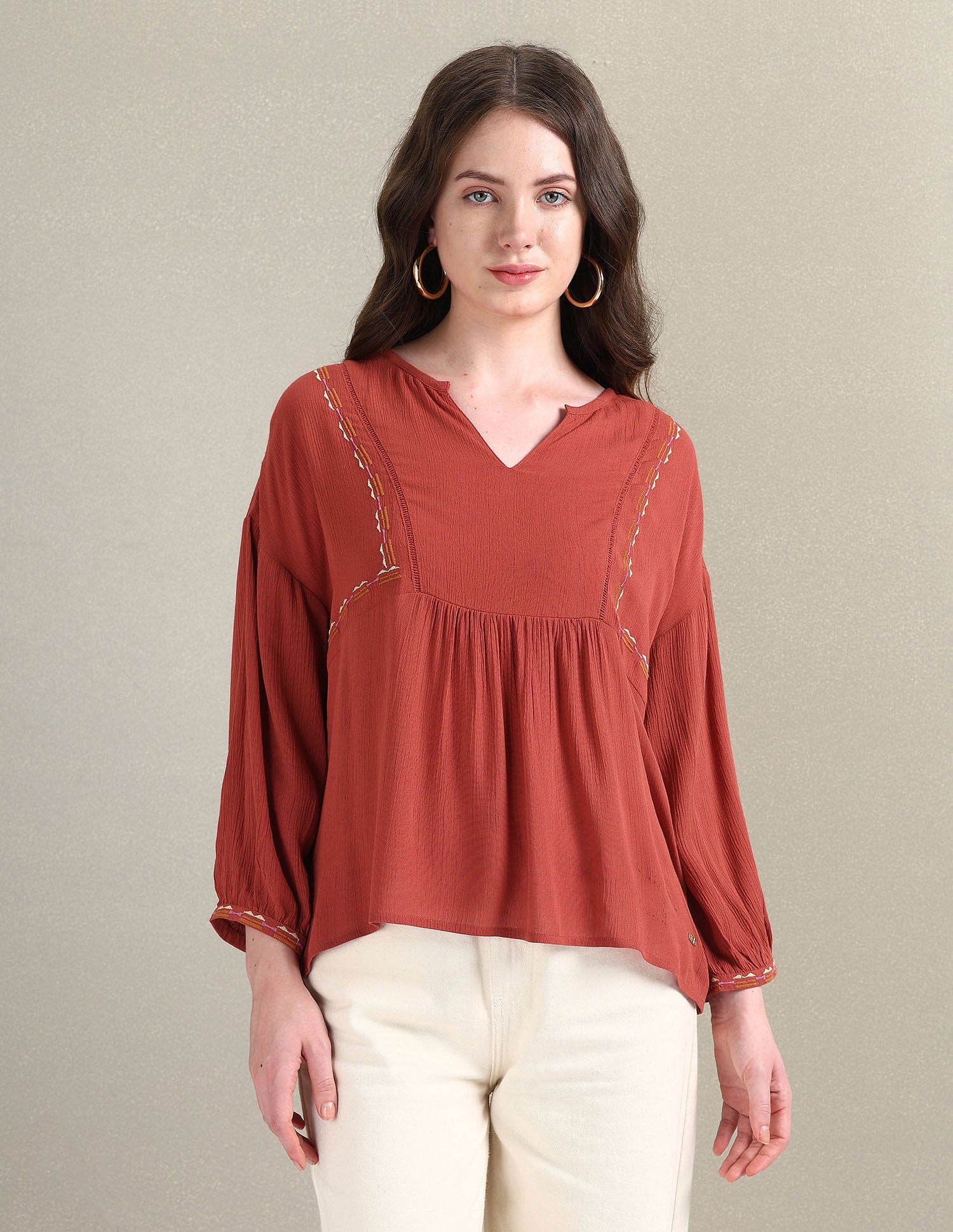 Crinkle Viscose Relaxed Top Rust - U.S. Polo Assn. India | Large