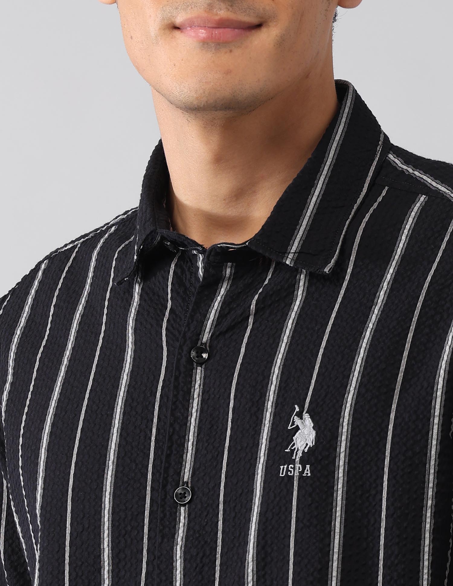 Vertical Striped Seersucker Regular Fit Shirt Black - U.S. Polo Assn. India | Large