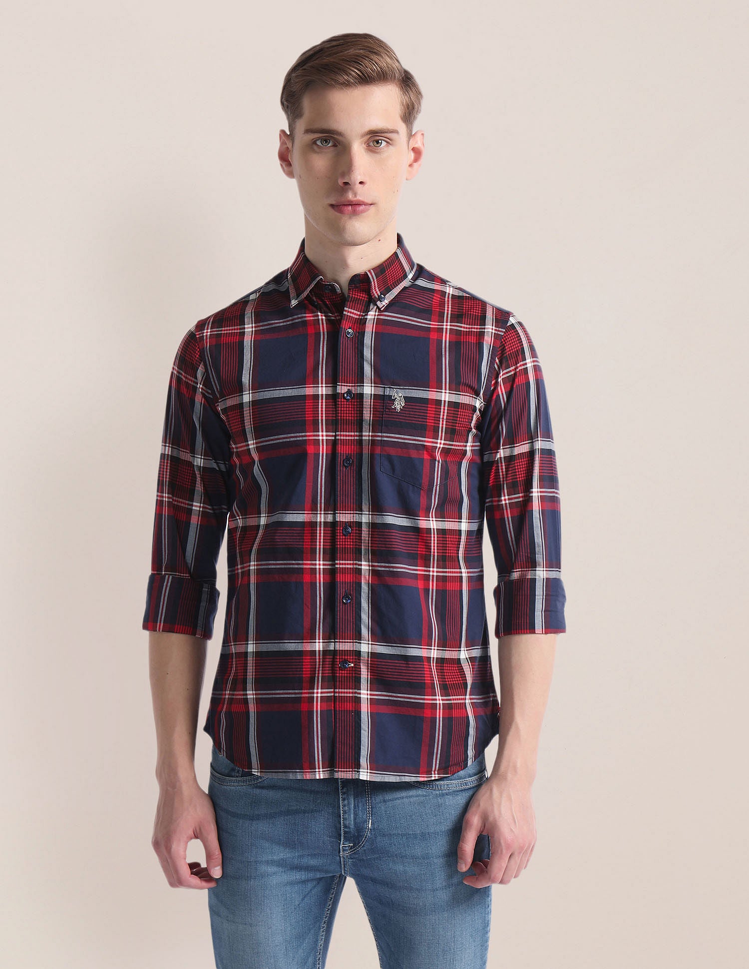 Tartan Check Premium Cotton Shirt Navy and Red - U.S. Polo Assn. India | Large