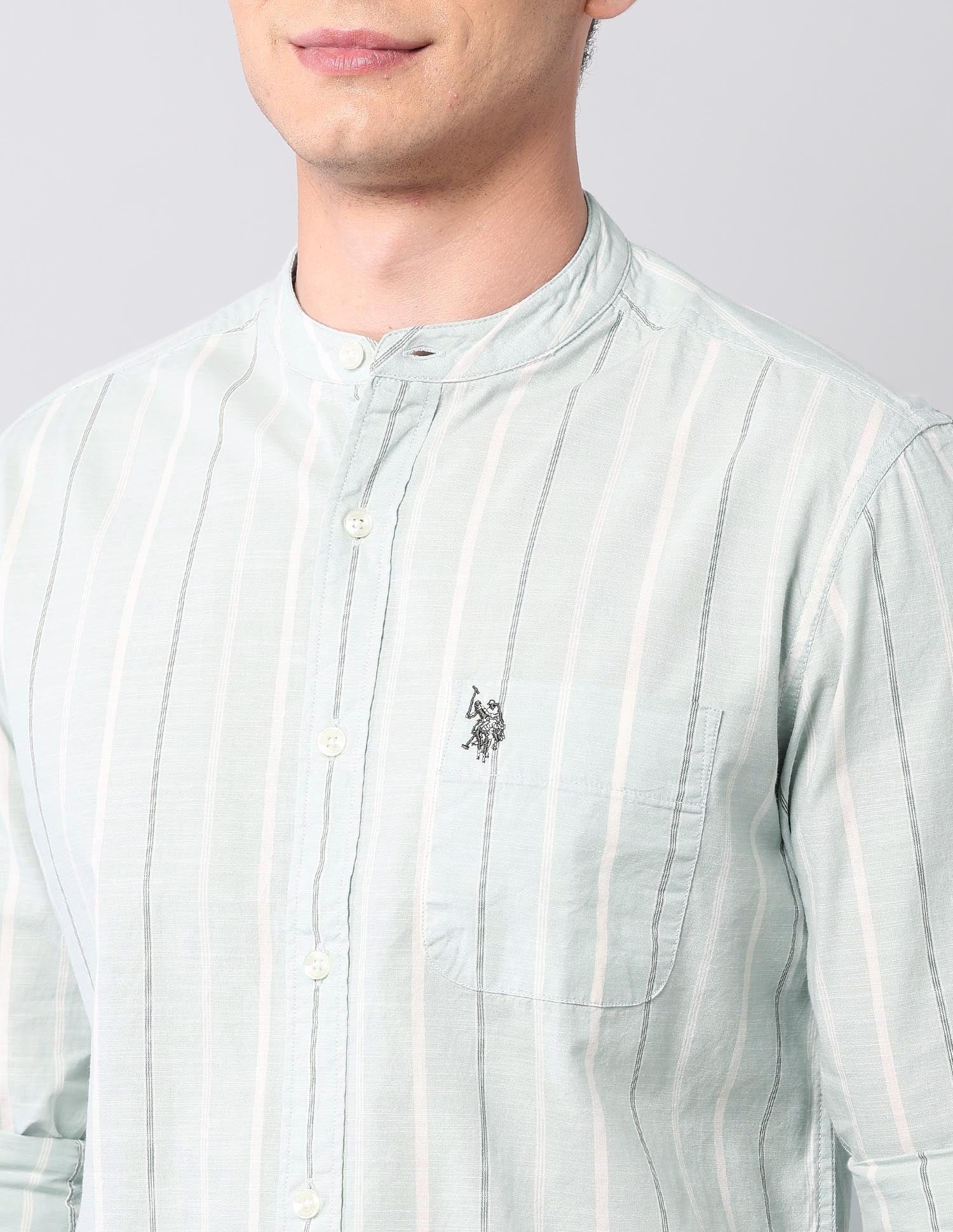 Vertical Striped Pure Cotton Shirt Light Green - U.S. Polo Assn. India | Large