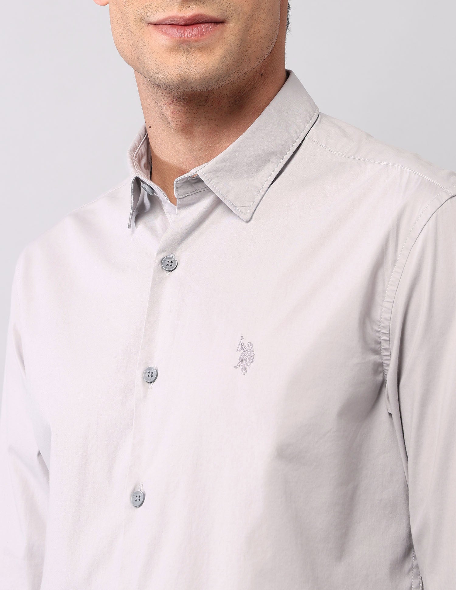 Solid Regular Fit Poplin Shirt Light Grey - U.S. Polo Assn. India | Large