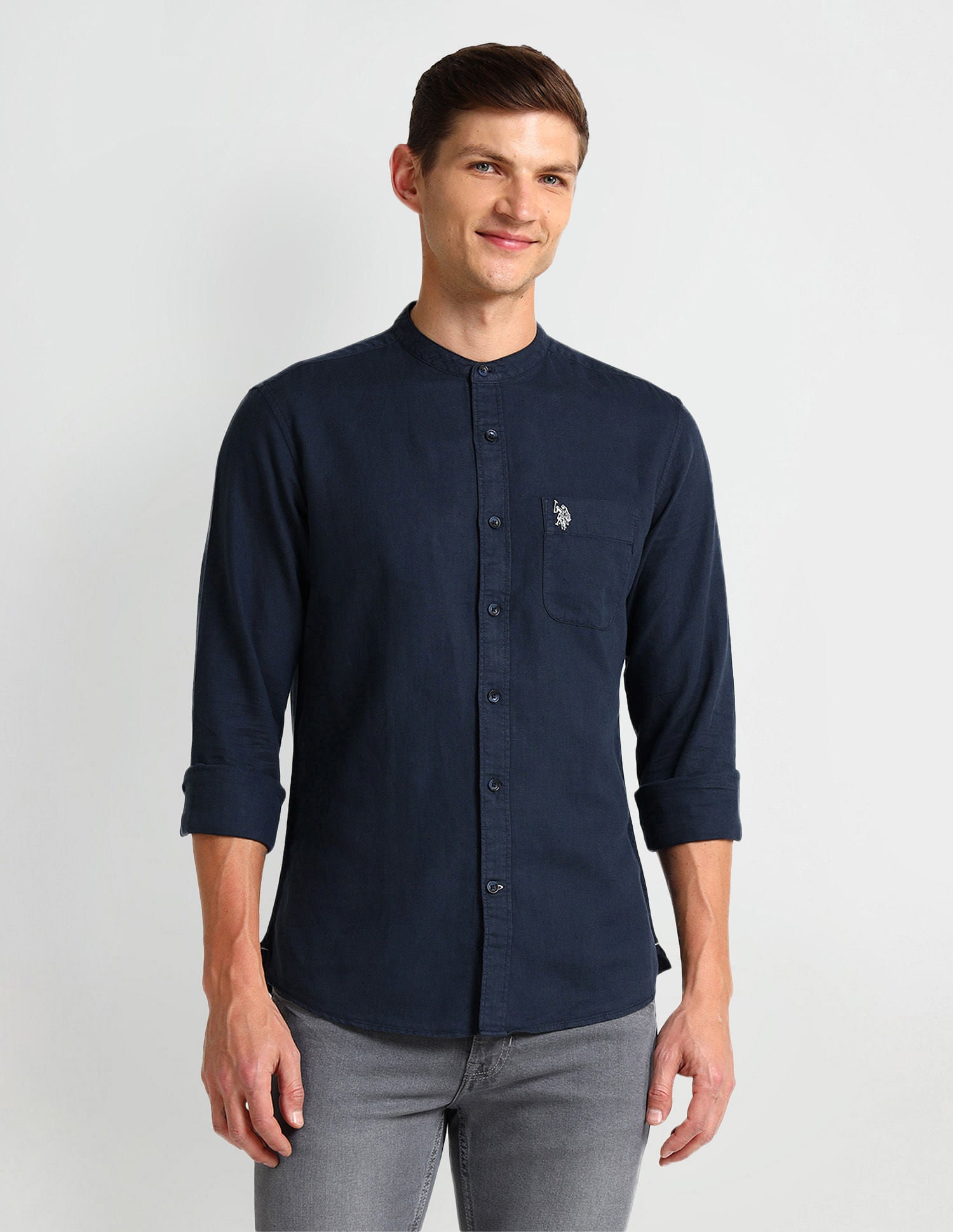 Slim Fit Poplin Linen Shirt Blue - U.S. Polo Assn. India | Large