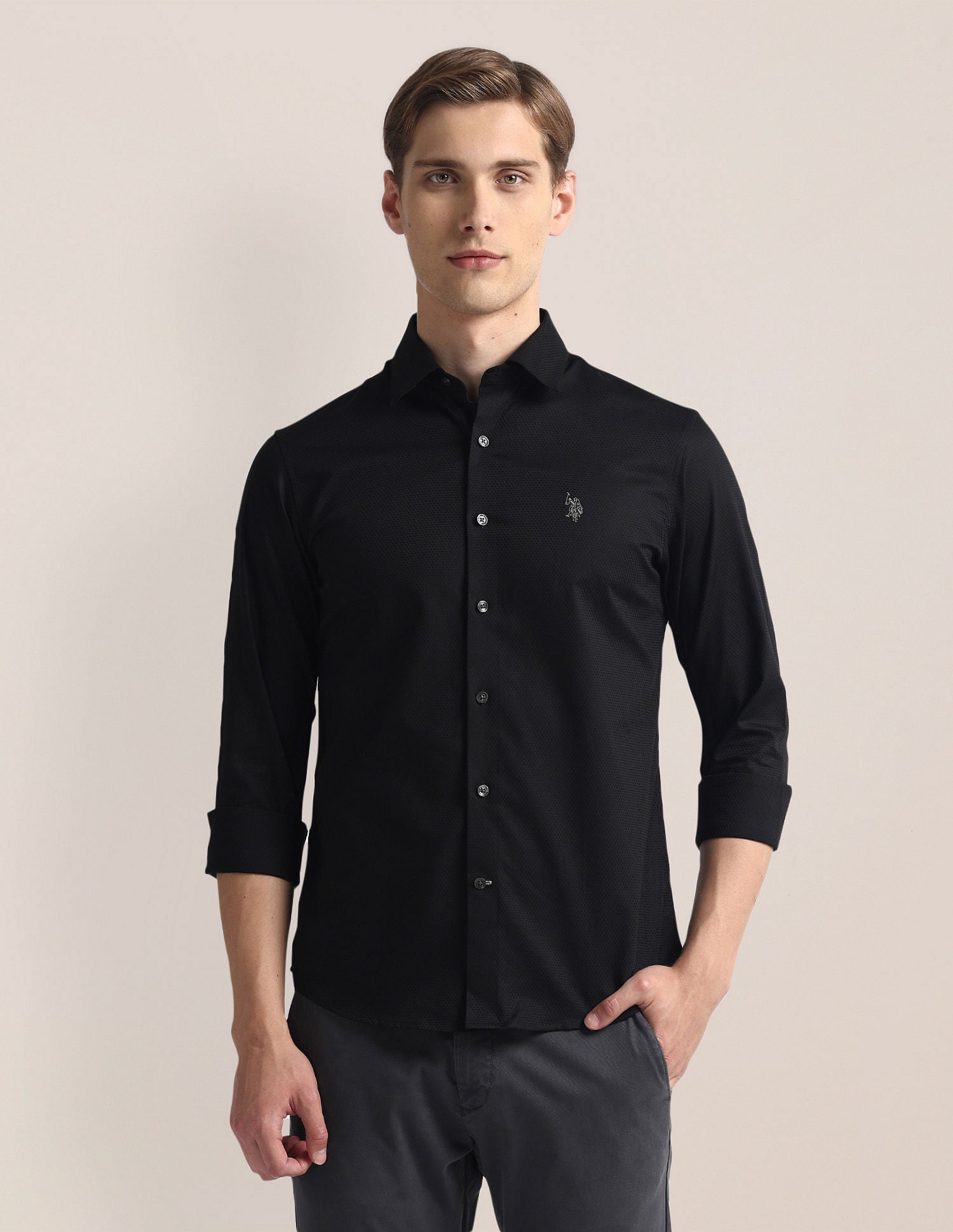 Premium Cotton Dobby Shirt Black - U.S. Polo Assn. India | Large