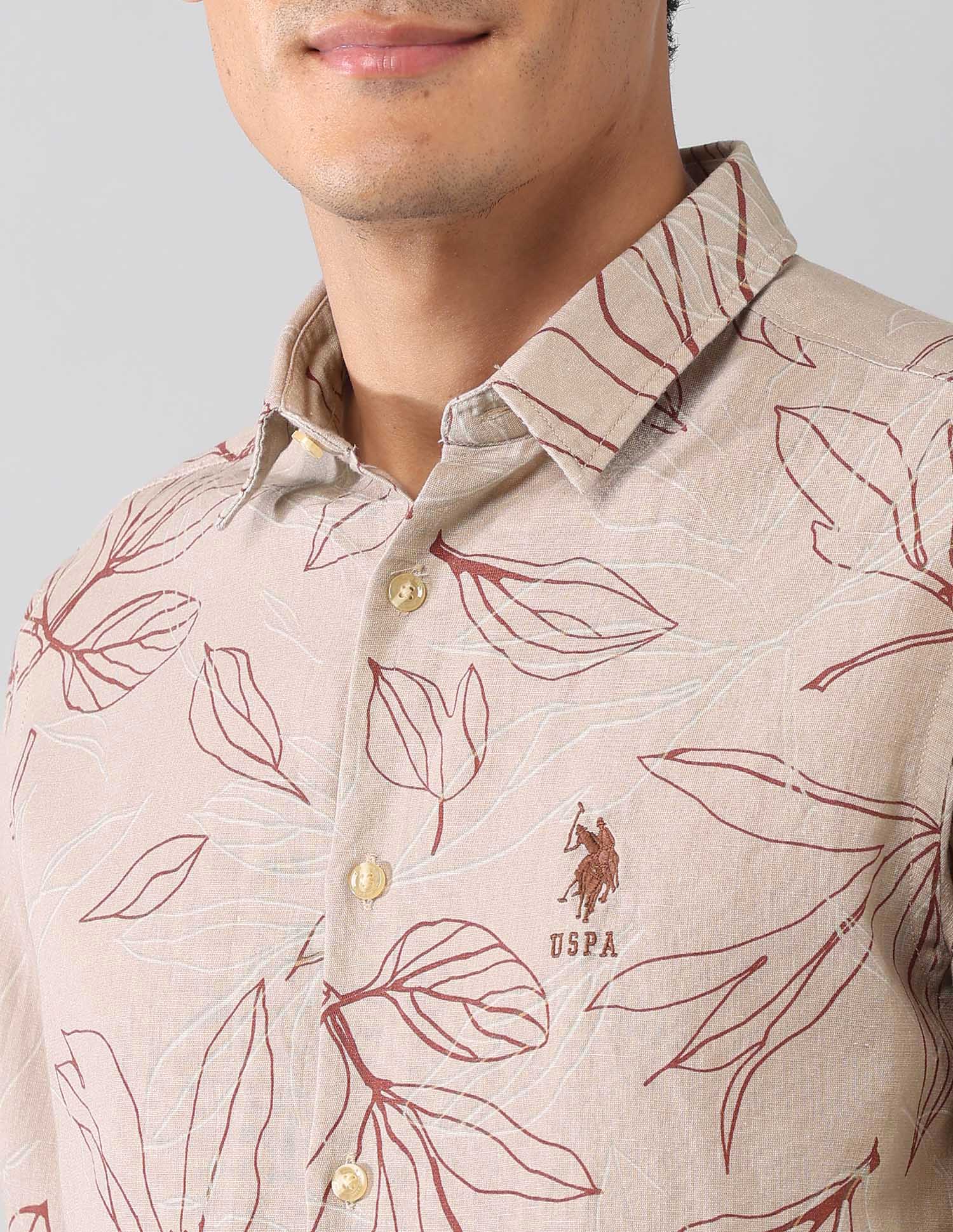 Tropical Printed Poplin Regular Fit Shirt Khaki - U.S. Polo Assn. India | Large