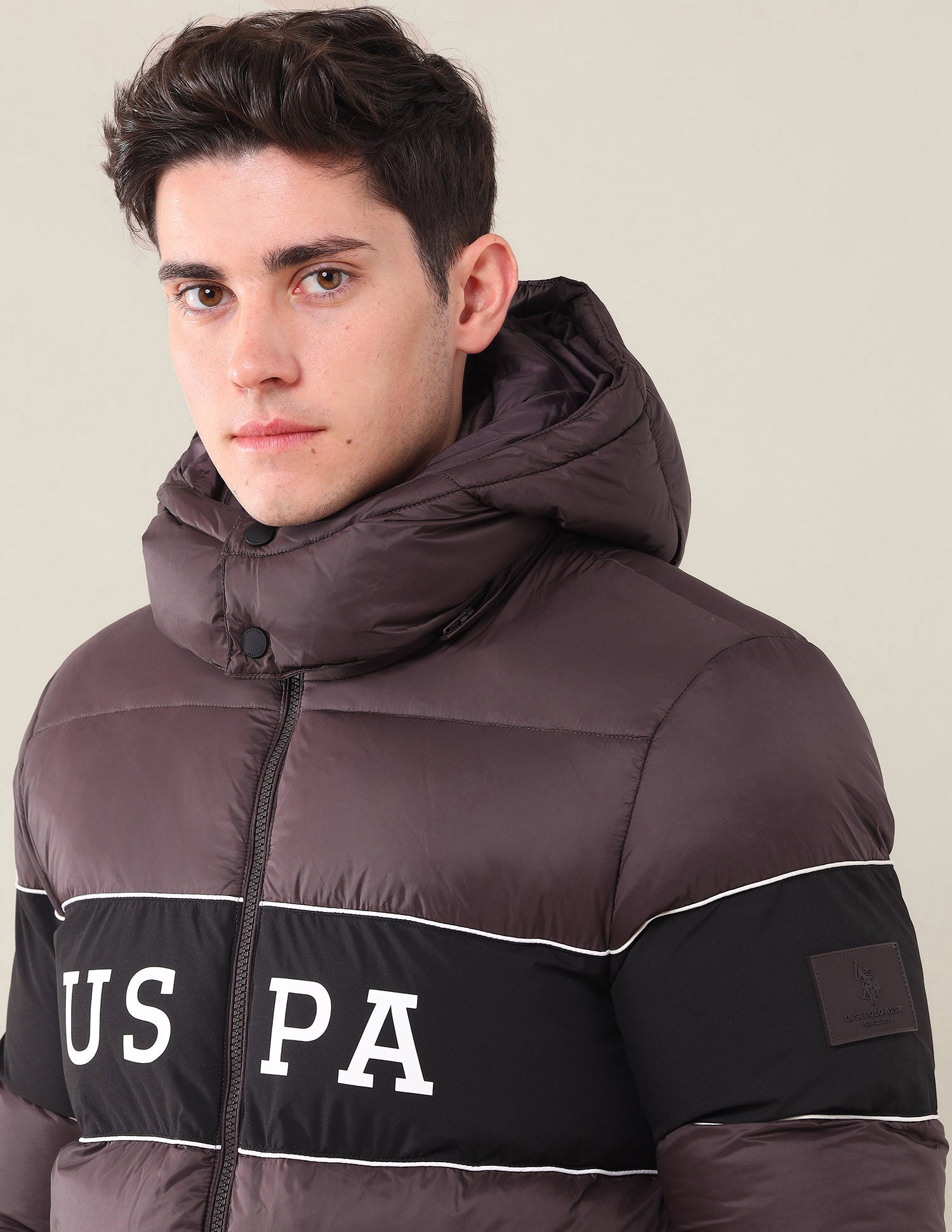 Colourblocked Regular Fit Puffer Jacket Wine - U.S. Polo Assn. India | Large
