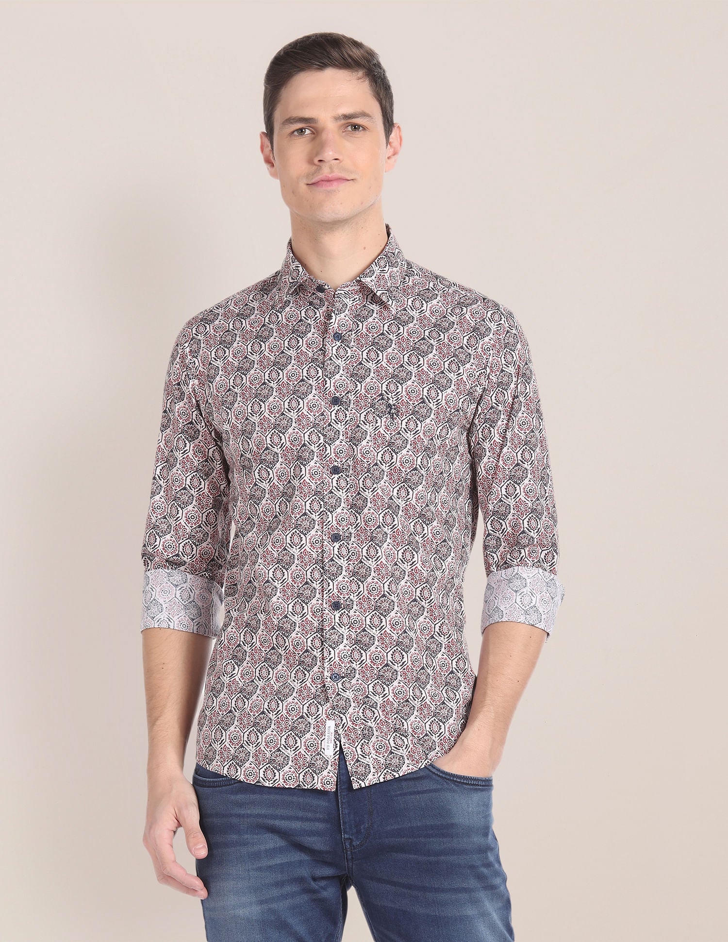 Long Sleeve Floral Print Shirt Maroon and White - U.S. Polo Assn. India | Large