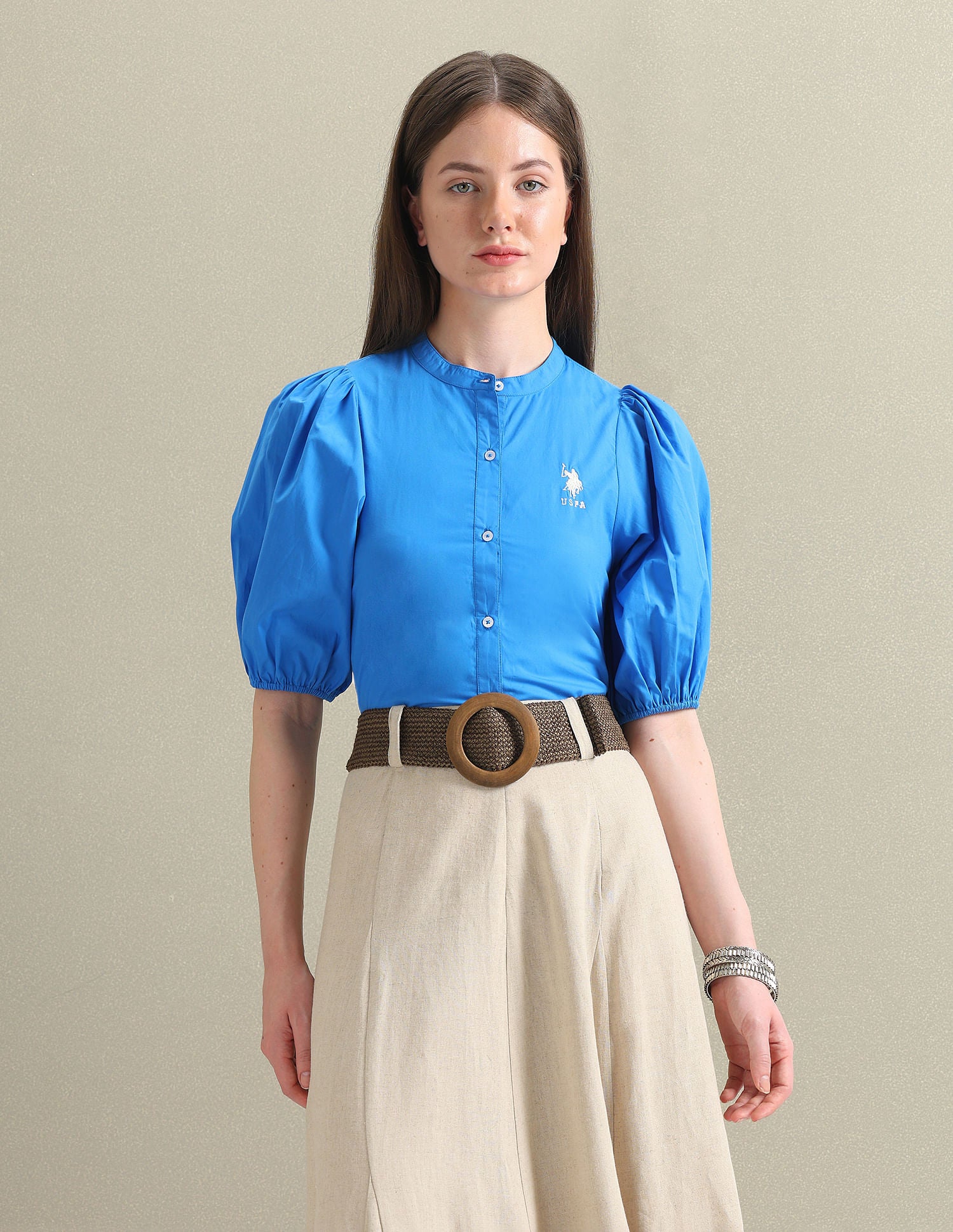 Puff Sleeve Relaxed Poplin Top Blue - U.S. POLO ASSN. | Large