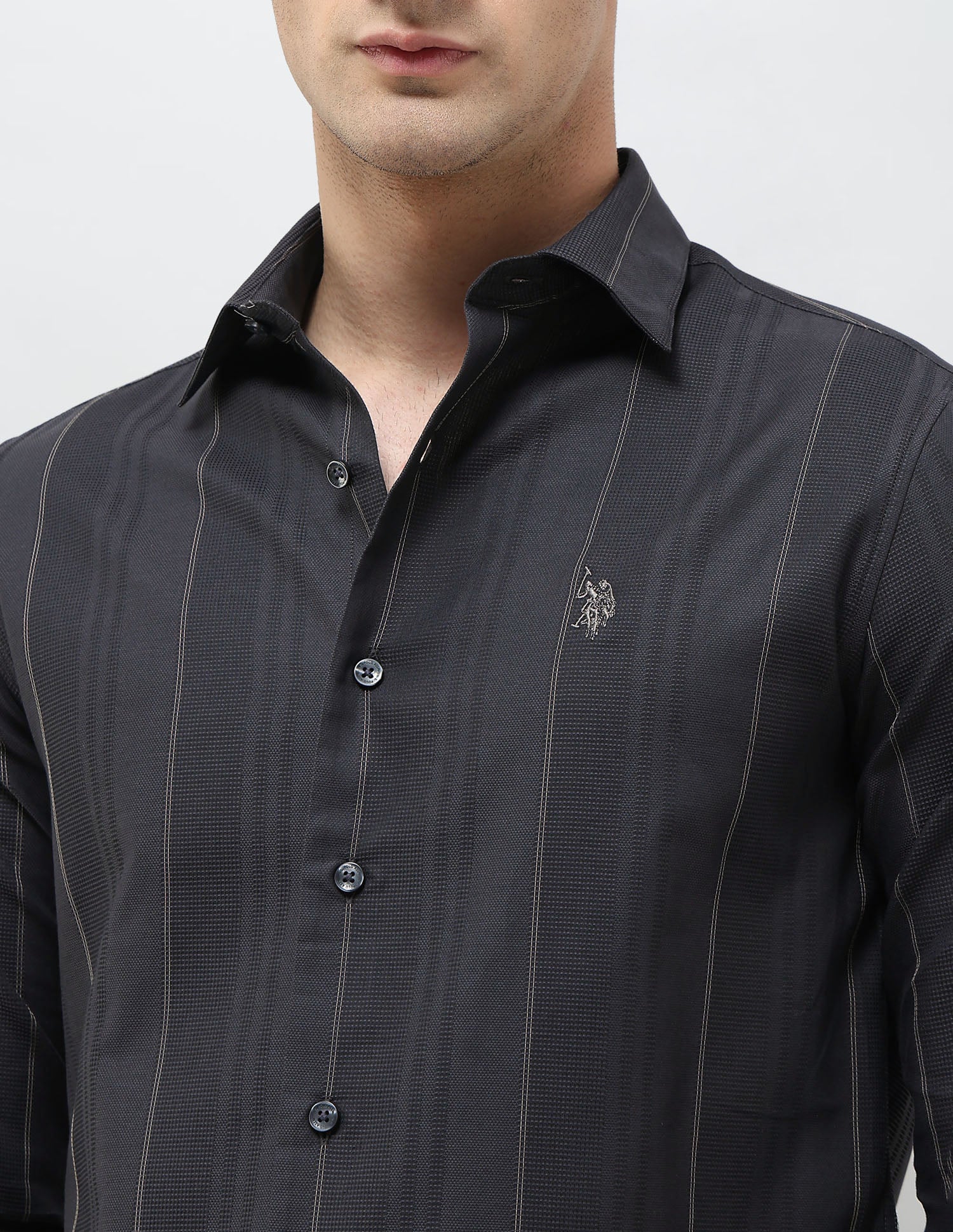 Textured With Vertical Striped Dobby Shirt Dark Grey - U.S. POLO ASSN. | Large