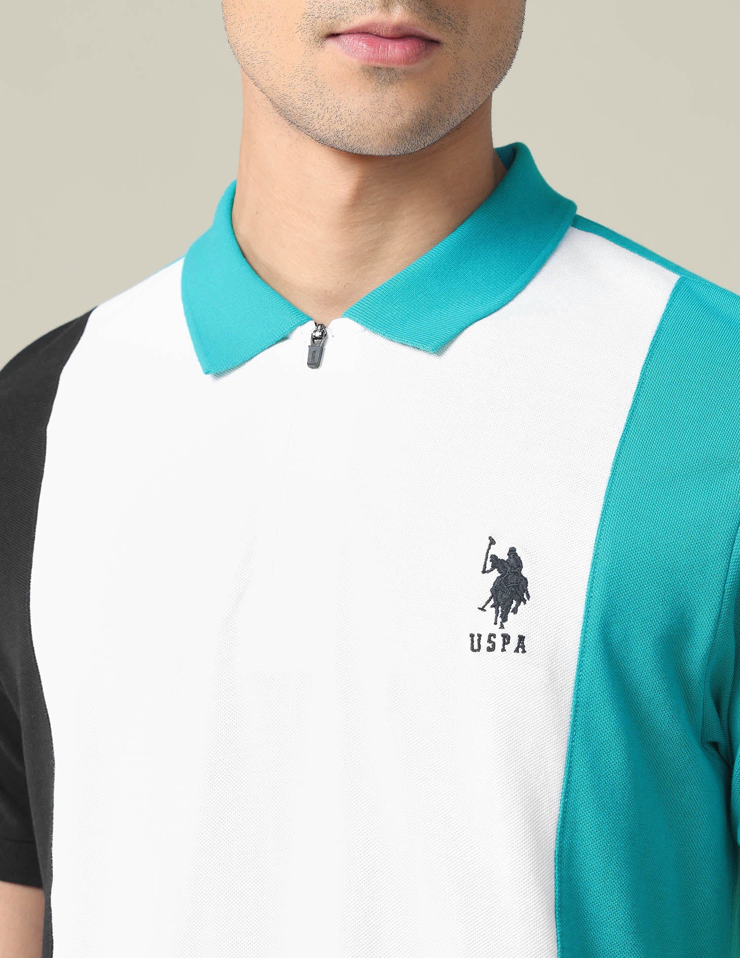 Colour Block Cotton Polo Shirt Green and White - U.S. POLO ASSN. | Large