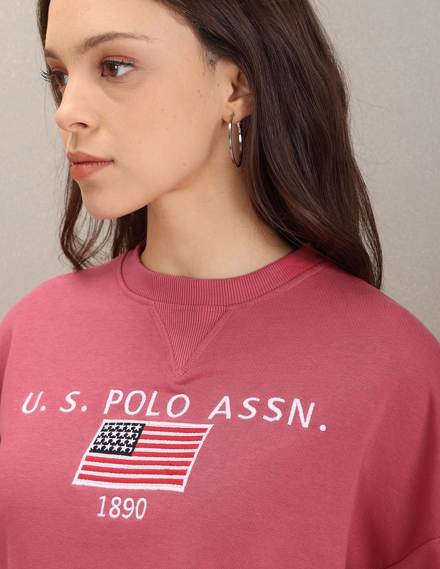 Crew Neck Brand Embroidered Sweatshirt Dark Pink - U.S. Polo Assn. India | Large