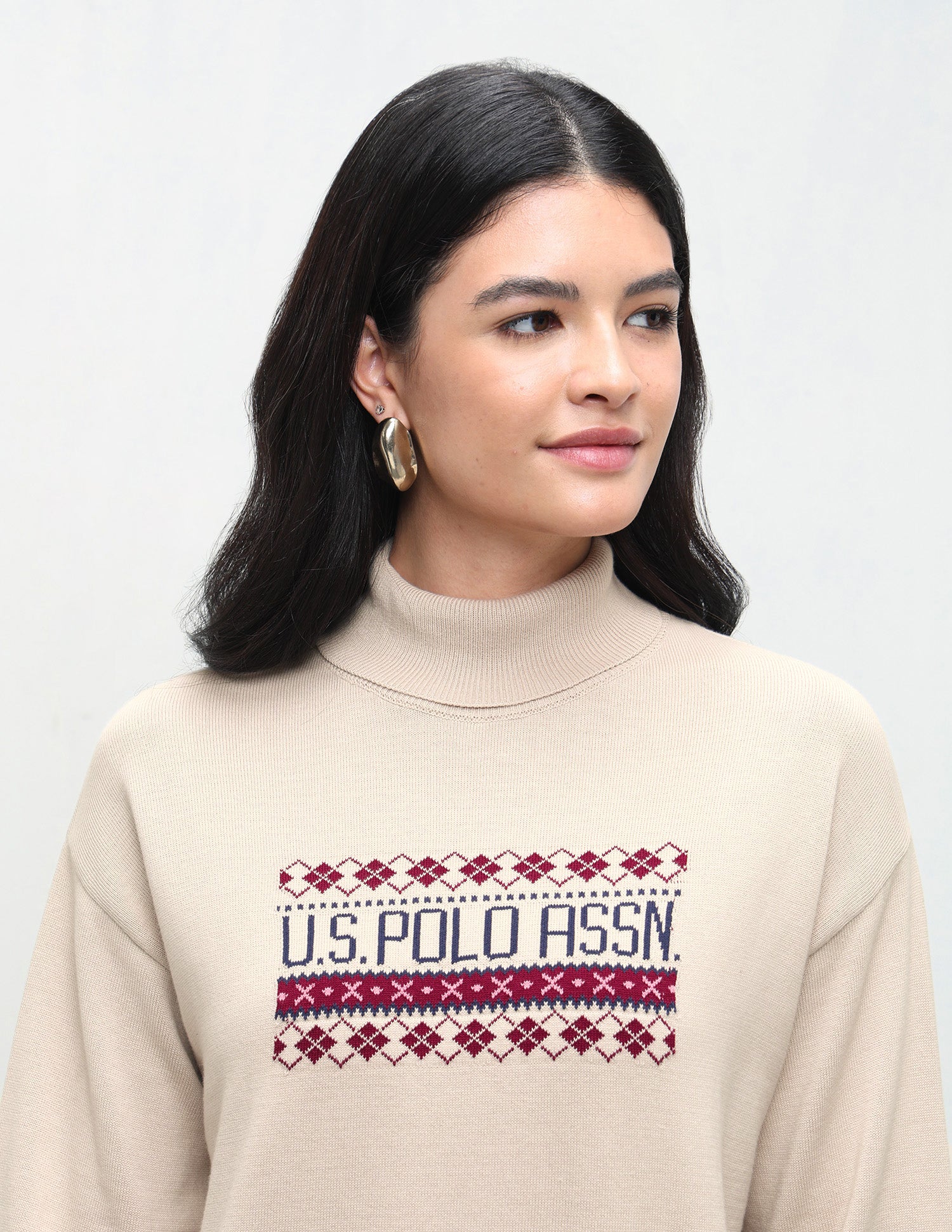 Brand Patterned Knit Regular Fit Sweater Off White - U.S. Polo Assn. India | Large