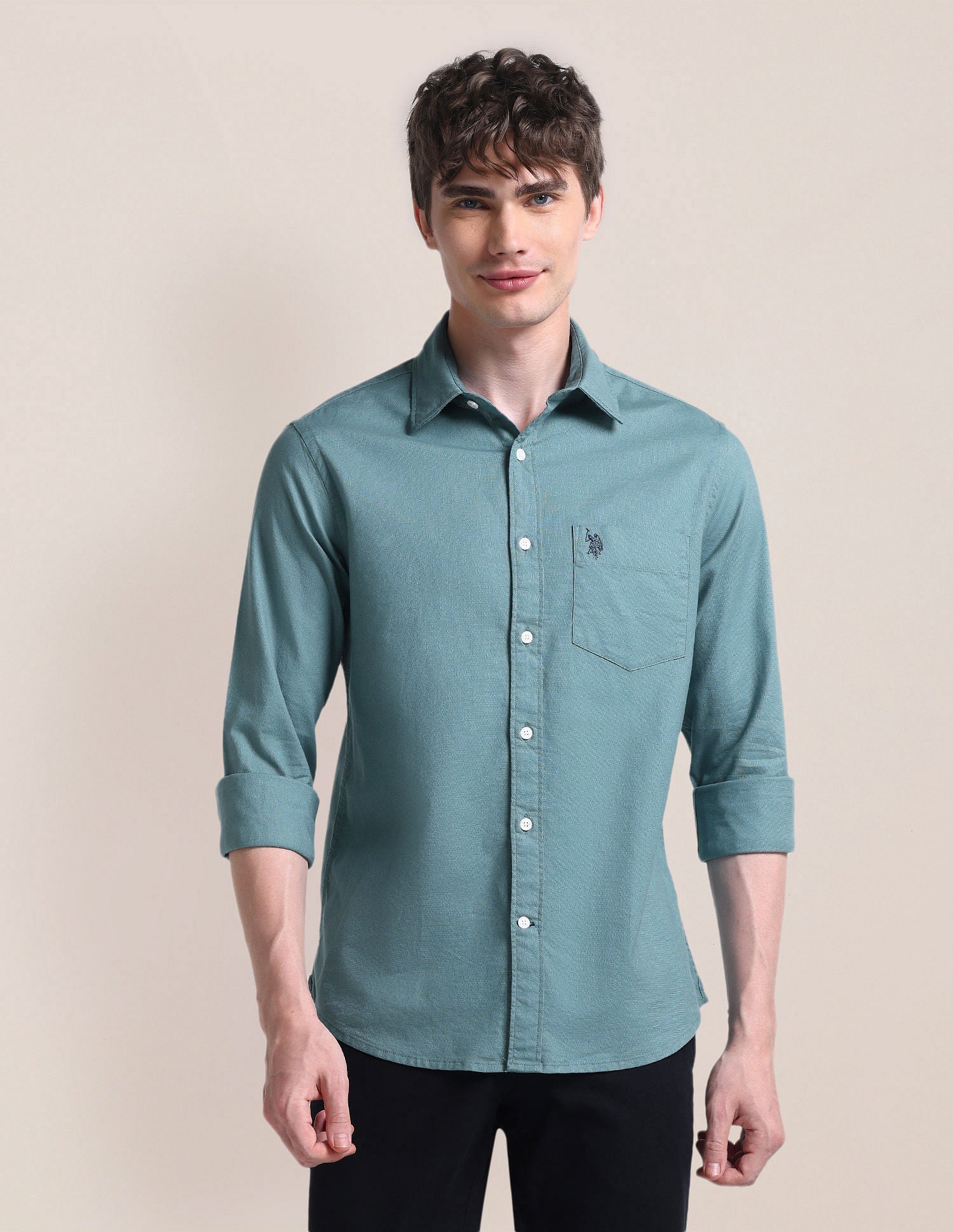 Cutaway Collar Cotton Shirt Teal - U.S. Polo Assn. India | Large