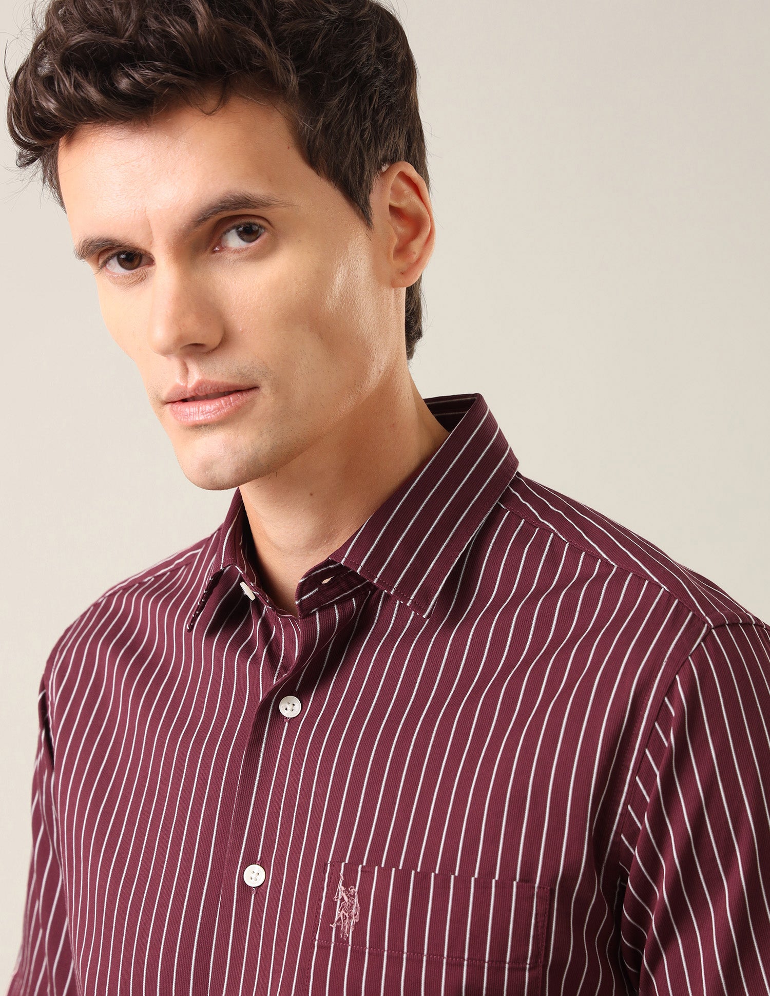 Vertical Striped Tailored Fit Shirt Maroon - U.S. Polo Assn. India | Large