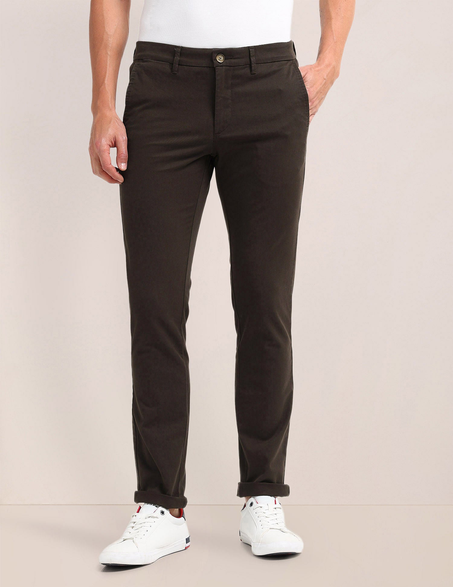 Denver Slim Fit Solid Trousers Brown - U.S. POLO ASSN. | Large