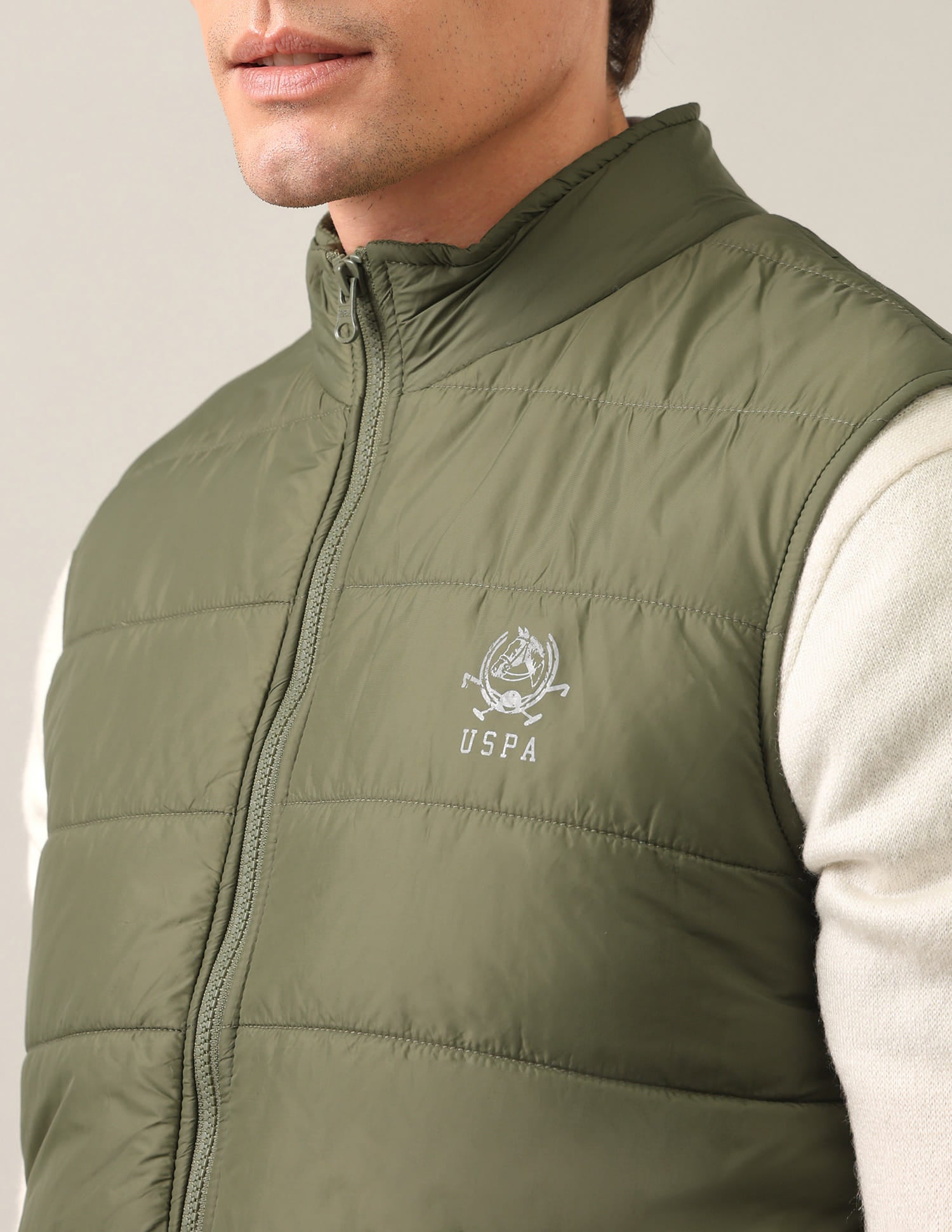 High Neck Sleeveless Solid Padded Jacket Olive - U.S. Polo Assn. India | Large