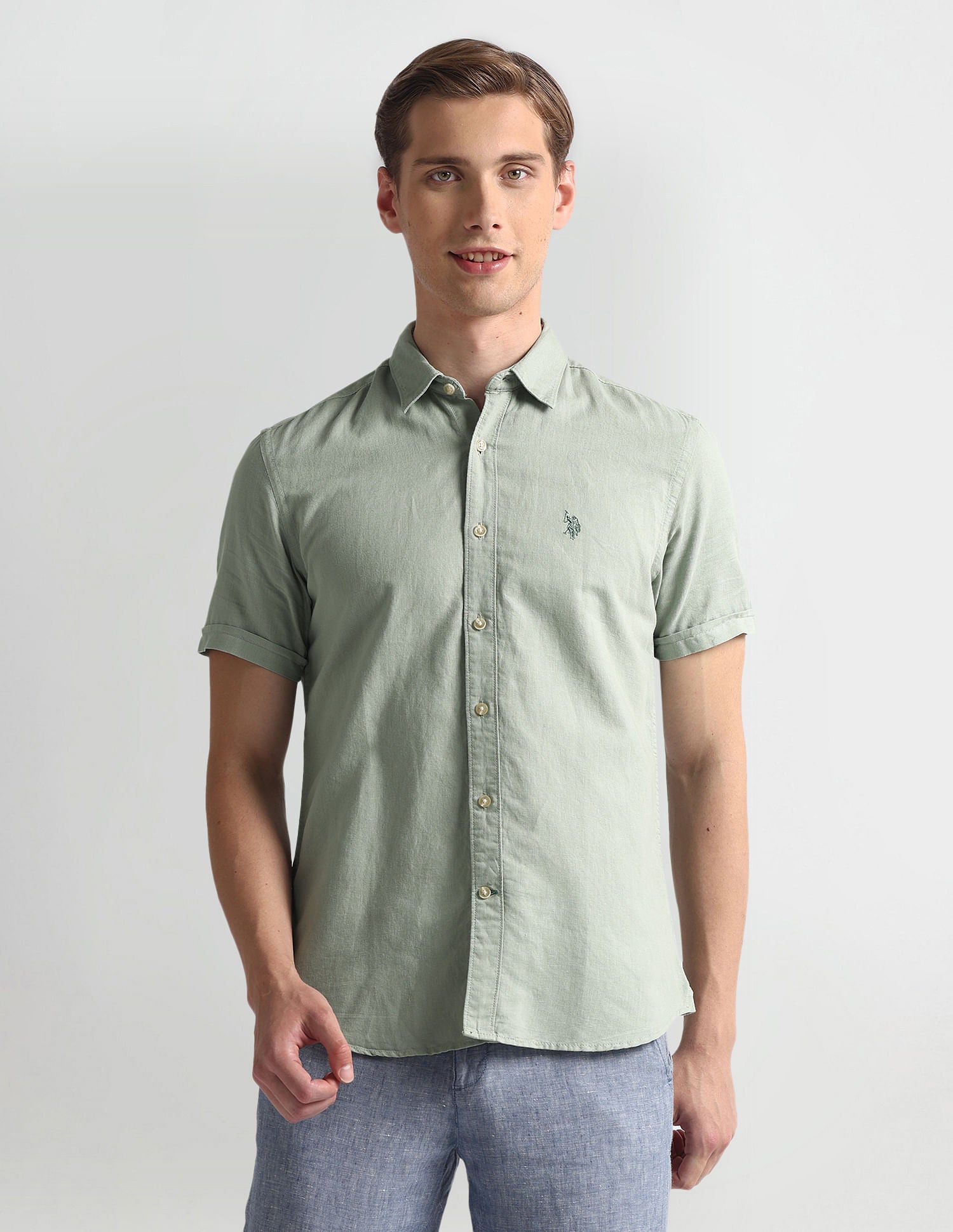 Slim Fit Short Sleeve Shirt Light Green - U.S. Polo Assn. India | Large