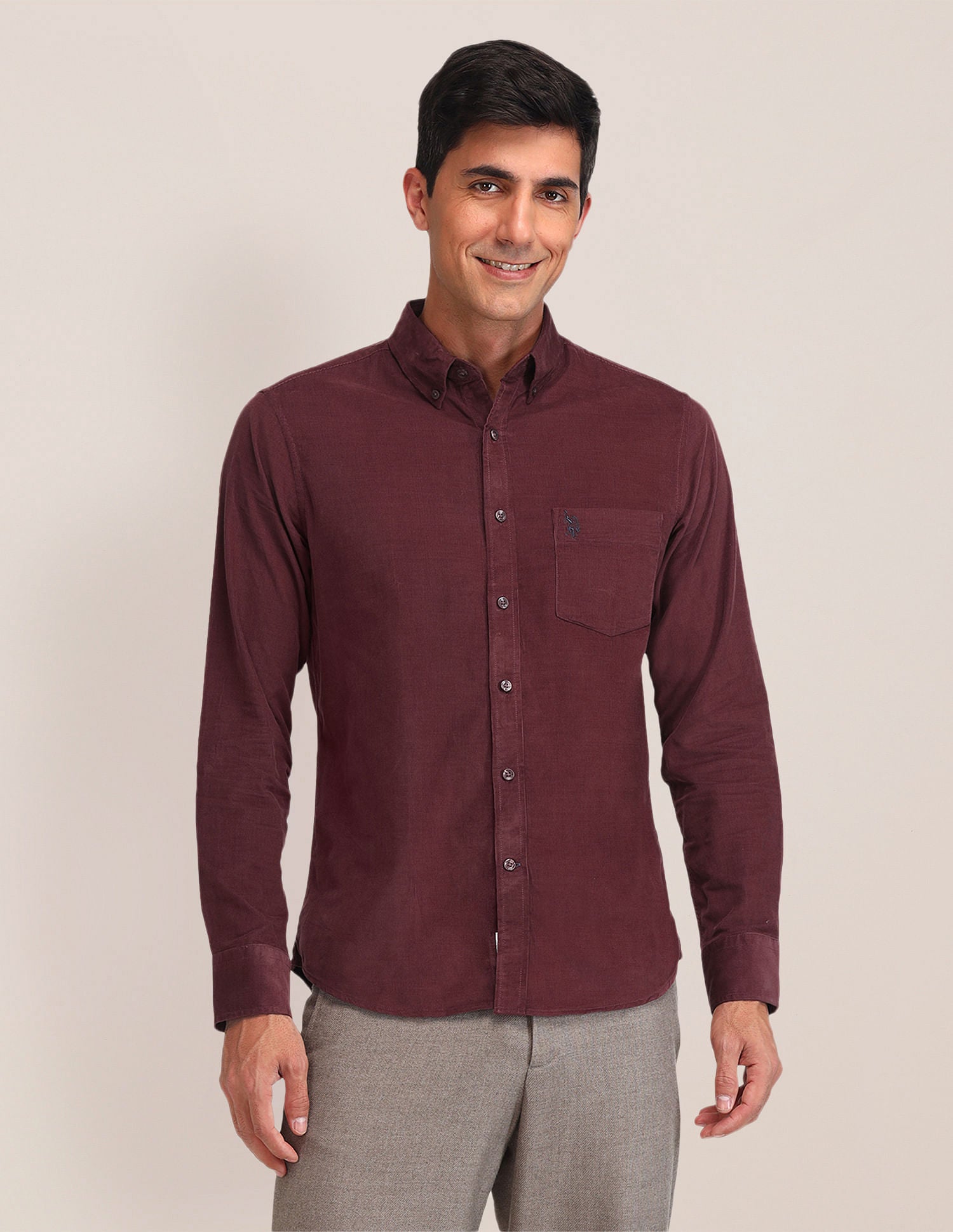 Tailored Fit Corduroy Shirt Maroon - U.S. Polo Assn. India | Large