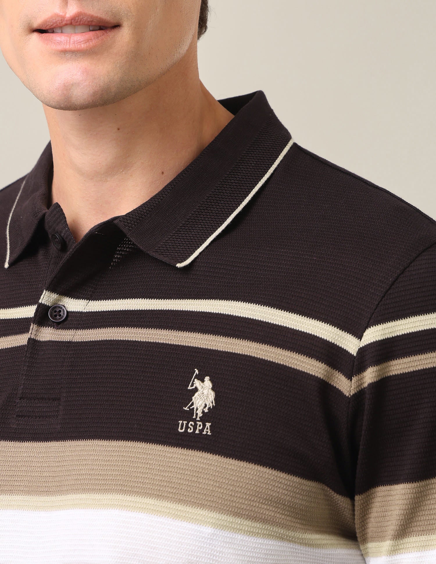 Horizontal Striped Jacquard Slim Fit Polo Shirt Dark Brown - U.S. Polo Assn. India | Large
