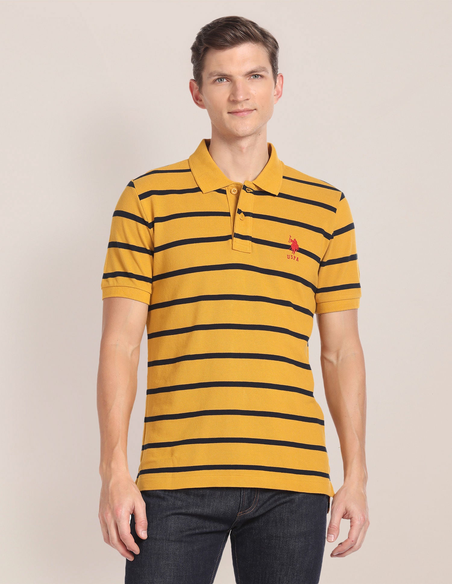 Horizontal Stripe Cotton Polo Shirt Mustard - U.S. Polo Assn. India | Large