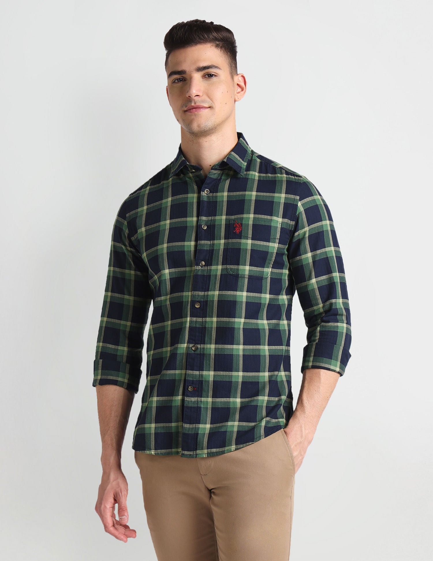 Tartan Check Herringbone Shirt Green and Navy - U.S. Polo Assn. India | Large