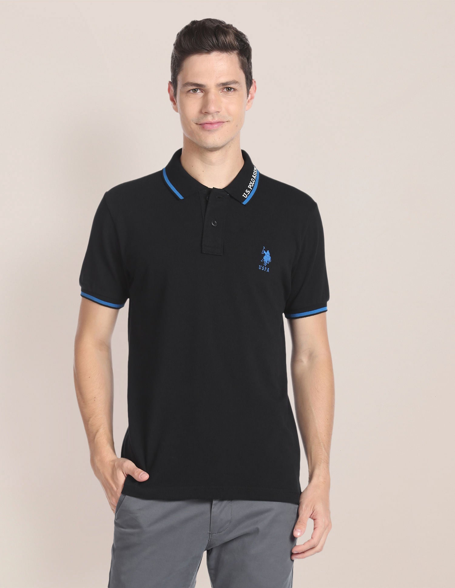 Tipped Collar Cotton Polo Shirt Black - U.S. Polo Assn. India | Large