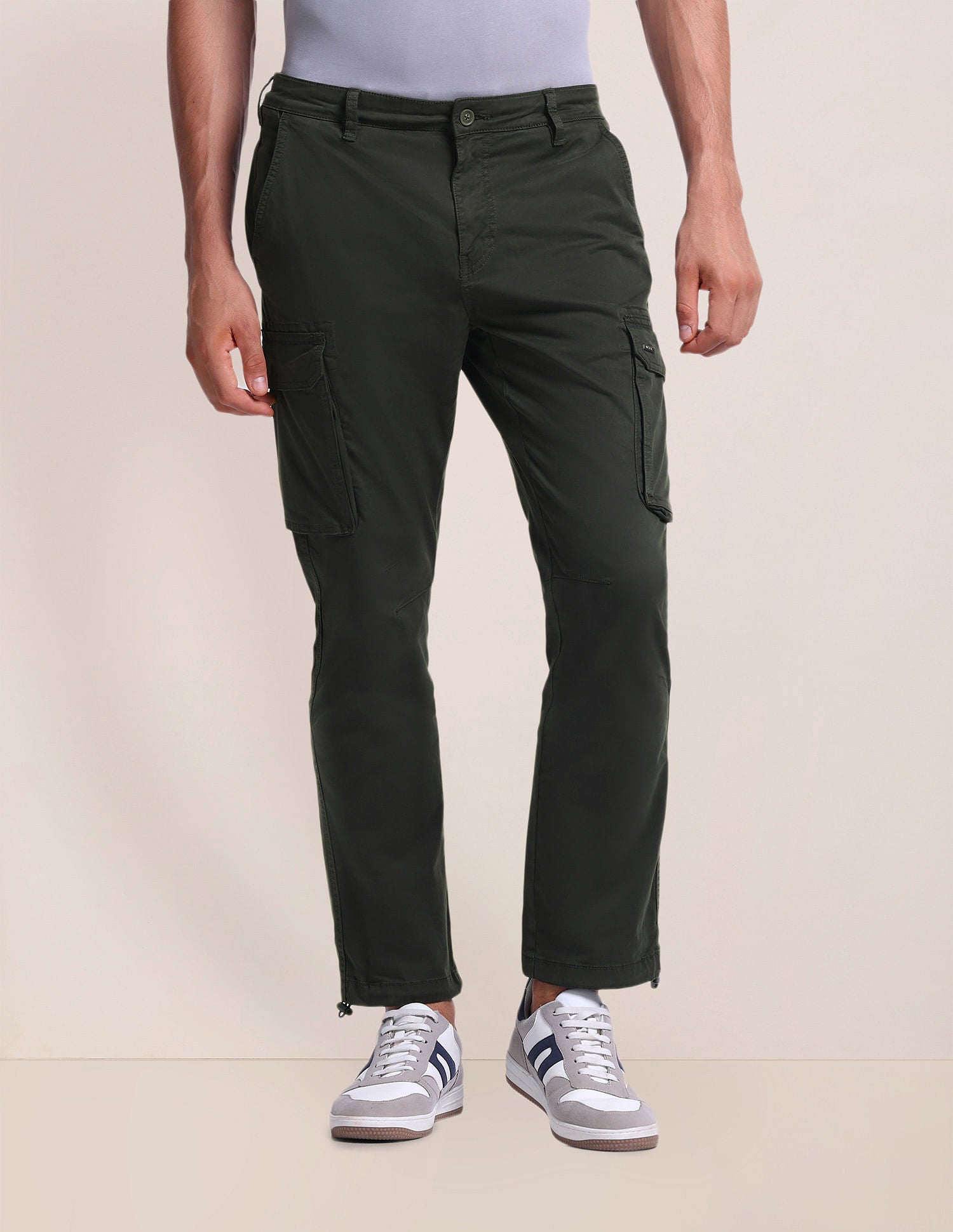 Slim Straight Fit Solid Cargo Pants Olive - U.S. Polo Assn. India | Large