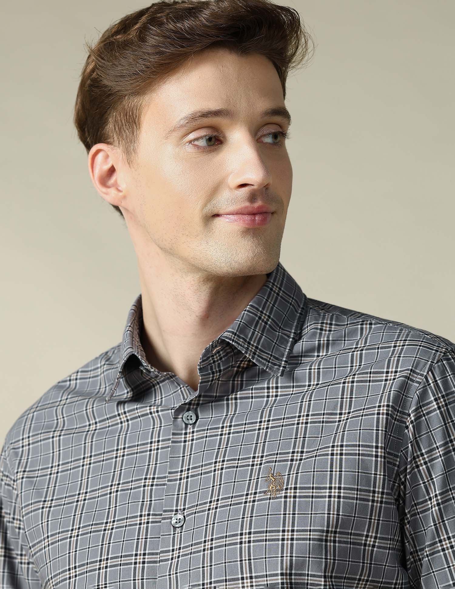 Grid Tattersall Checked Tailored Fit Shirt Dark Grey - U.S. POLO ASSN. | Large